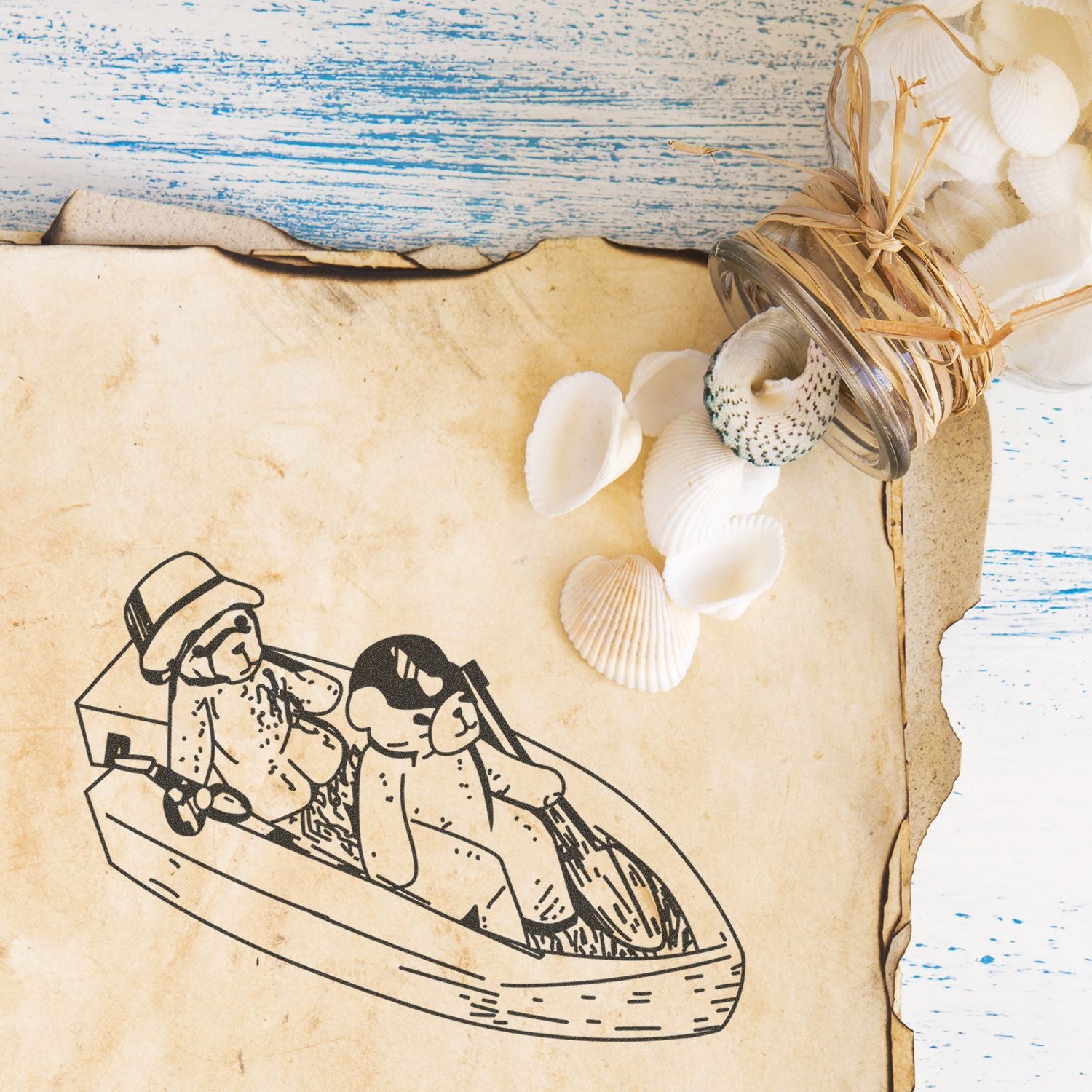 Vintage seaside scrapbook with seashells and teddy bear boat illustration on aged paper background
