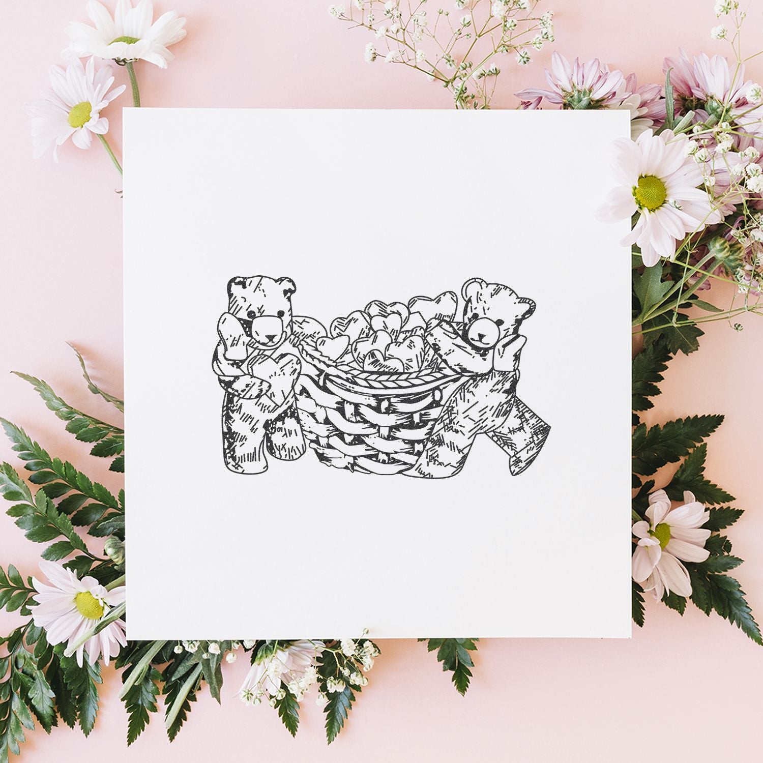 Cute teddy bear heart basket illustration on white card with pastel pink floral border, perfect for Valentines Day and romantic gift design