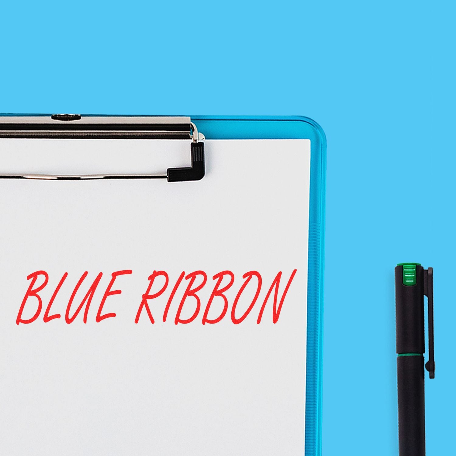 Blue ribbon award clipboard with red text and marker pen on a blue background