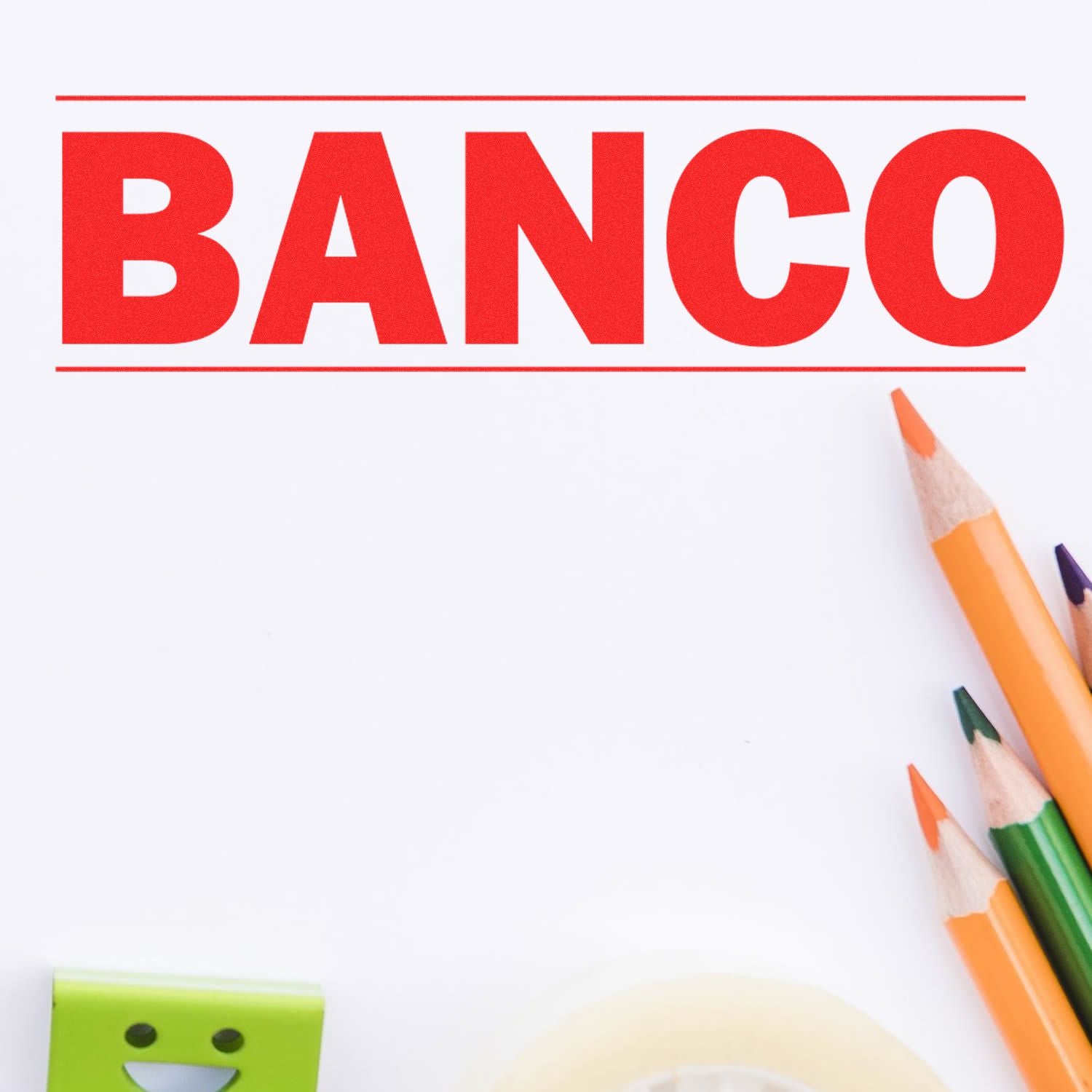 Red BANCO headline with pencils on a white desk, representing financial literacy and school banking education concept.