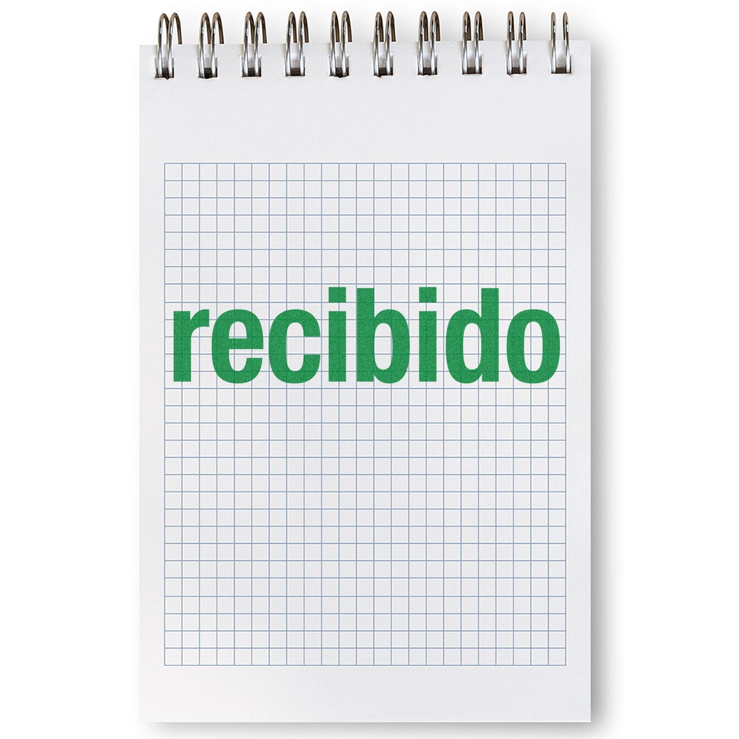 Spiral notebook with graph paper and the word recibido in green, symbolizing received or acknowledged message.