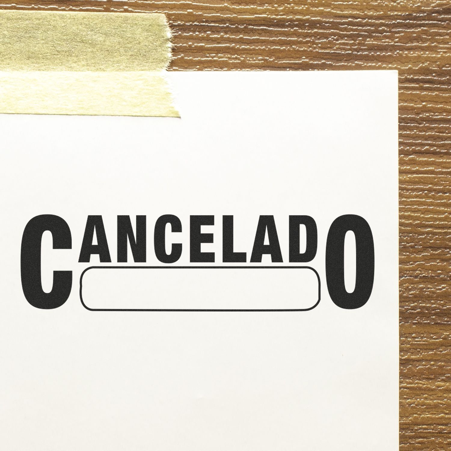 Close-up of a canceled document card with CANCELADO text on white paper taped to a textured brown surface.