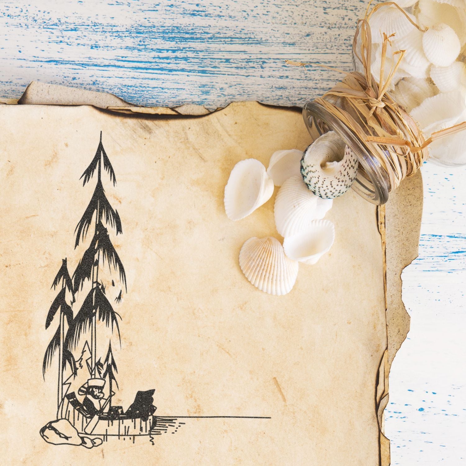 Vintage nautical seashell arrangement on aged paper with rustic blue wood background and pine tree illustration.