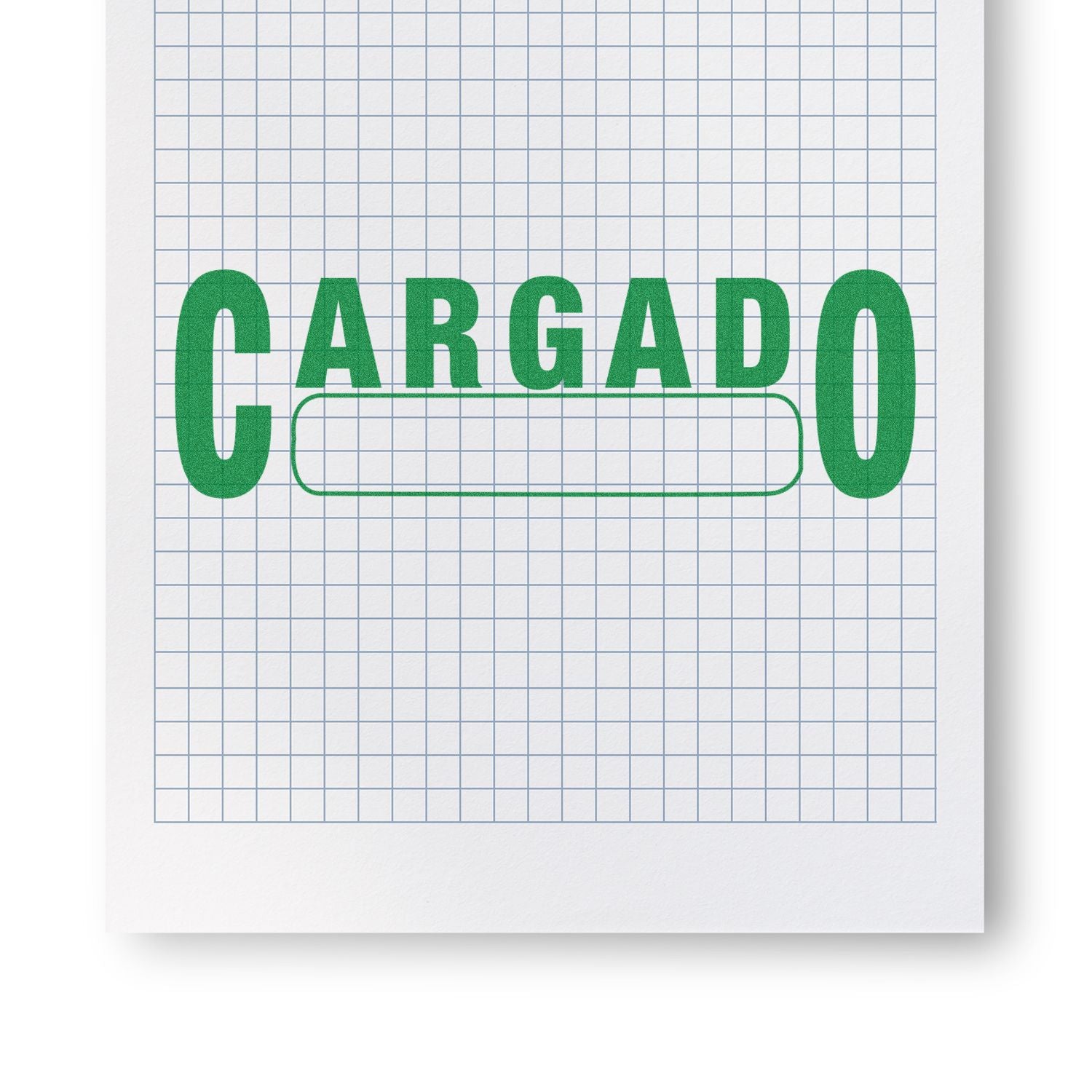 Green CARGADO label with loading-rectangle outline on graph paper, Spanish UI status meaning ready/loaded.