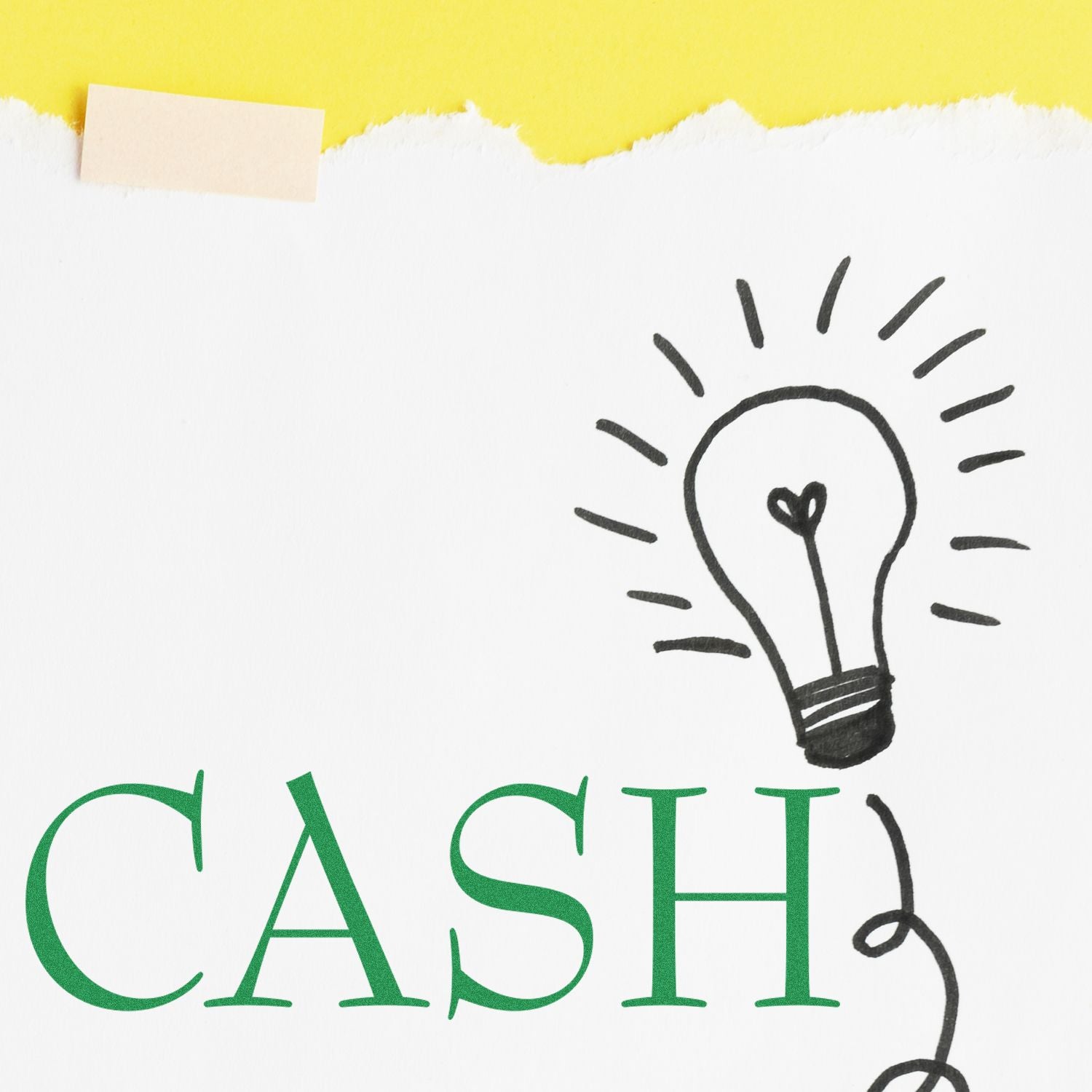 Creative cash idea concept with hand-drawn lightbulb and green CASH text on a yellow and white background.