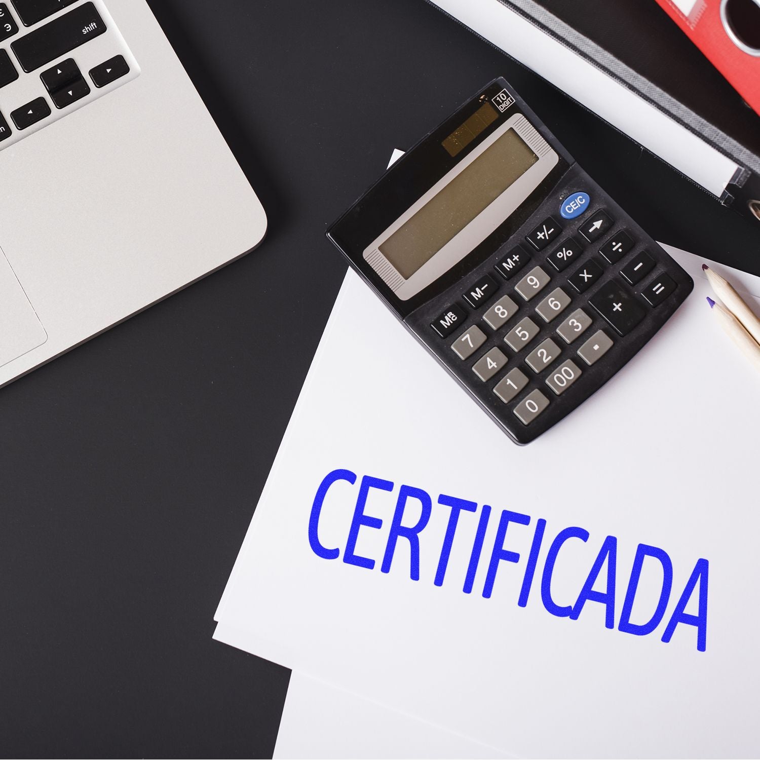 Calculator and laptop beside a CERTIFICADA certified document, illustrating finance verification and tax certification services.