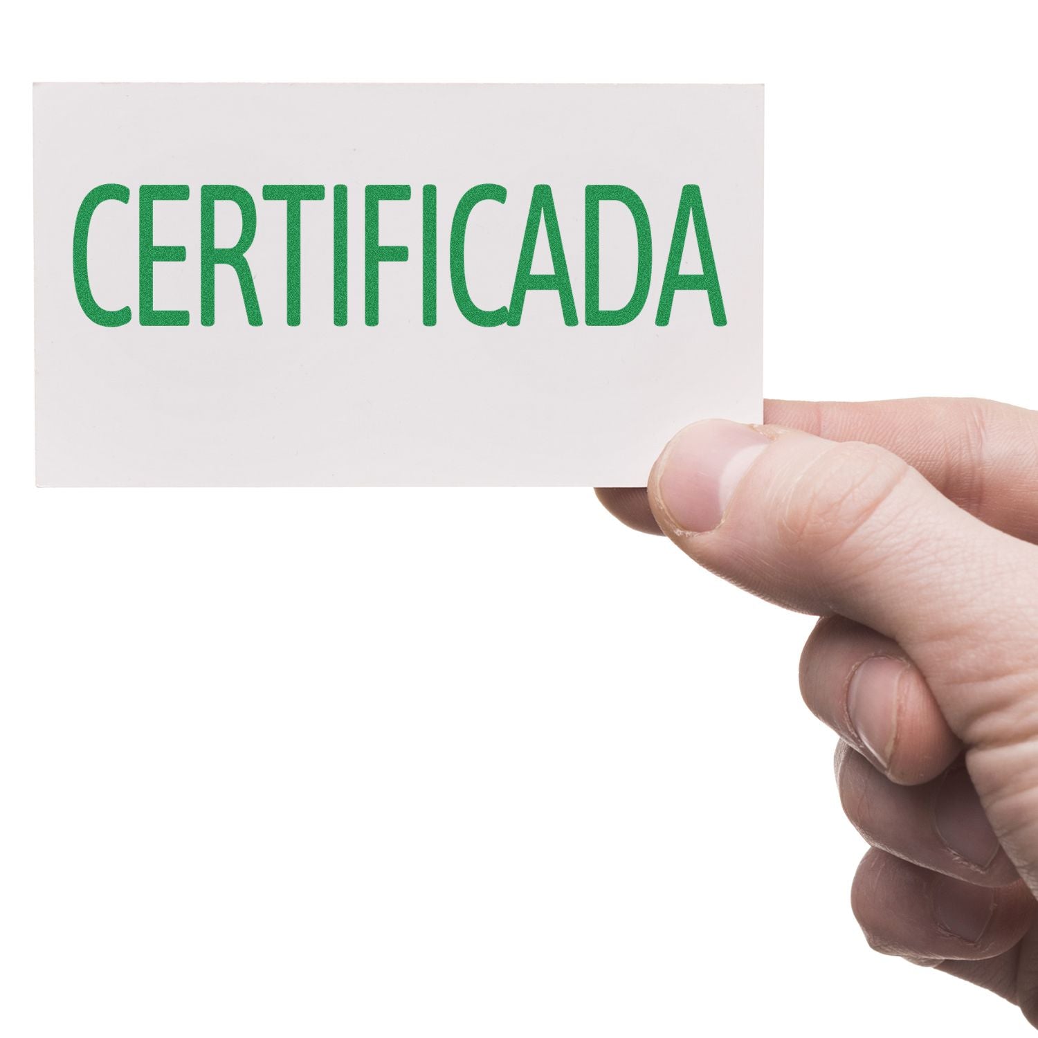 Hand holding a white card with green CERTIFICADA text on a clean white background.