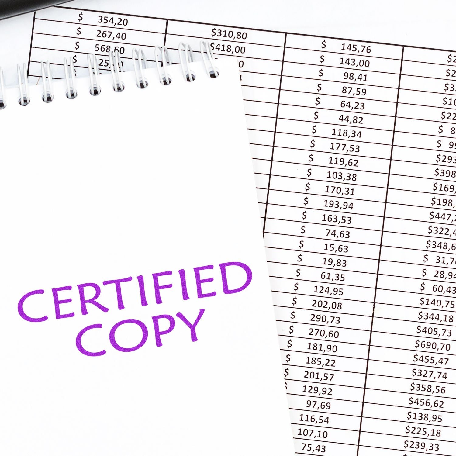 Certified copy document beside spreadsheet with dollar amounts, representing financial records and accounting verification.