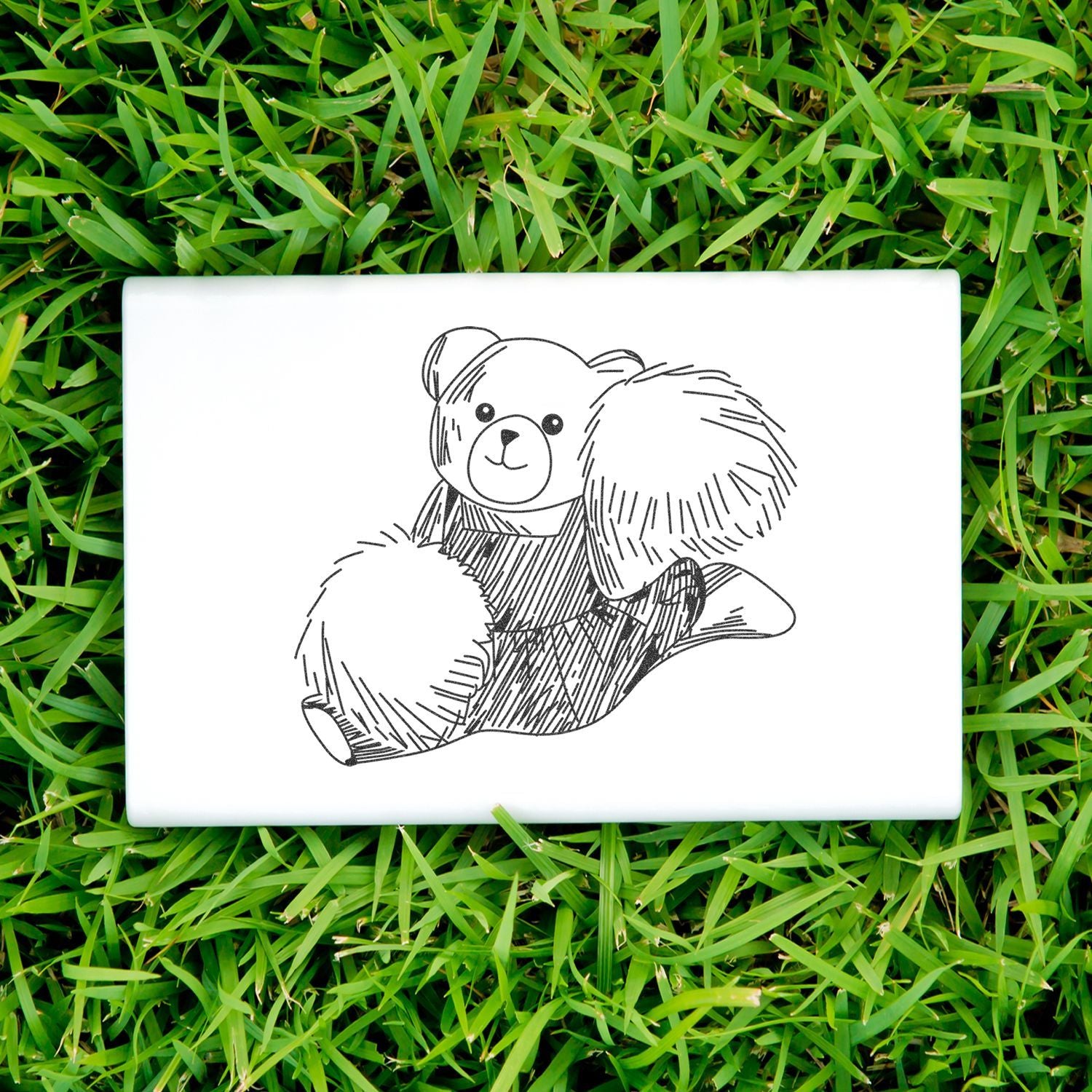Teddy bear line art on a white canvas placed on green grass.