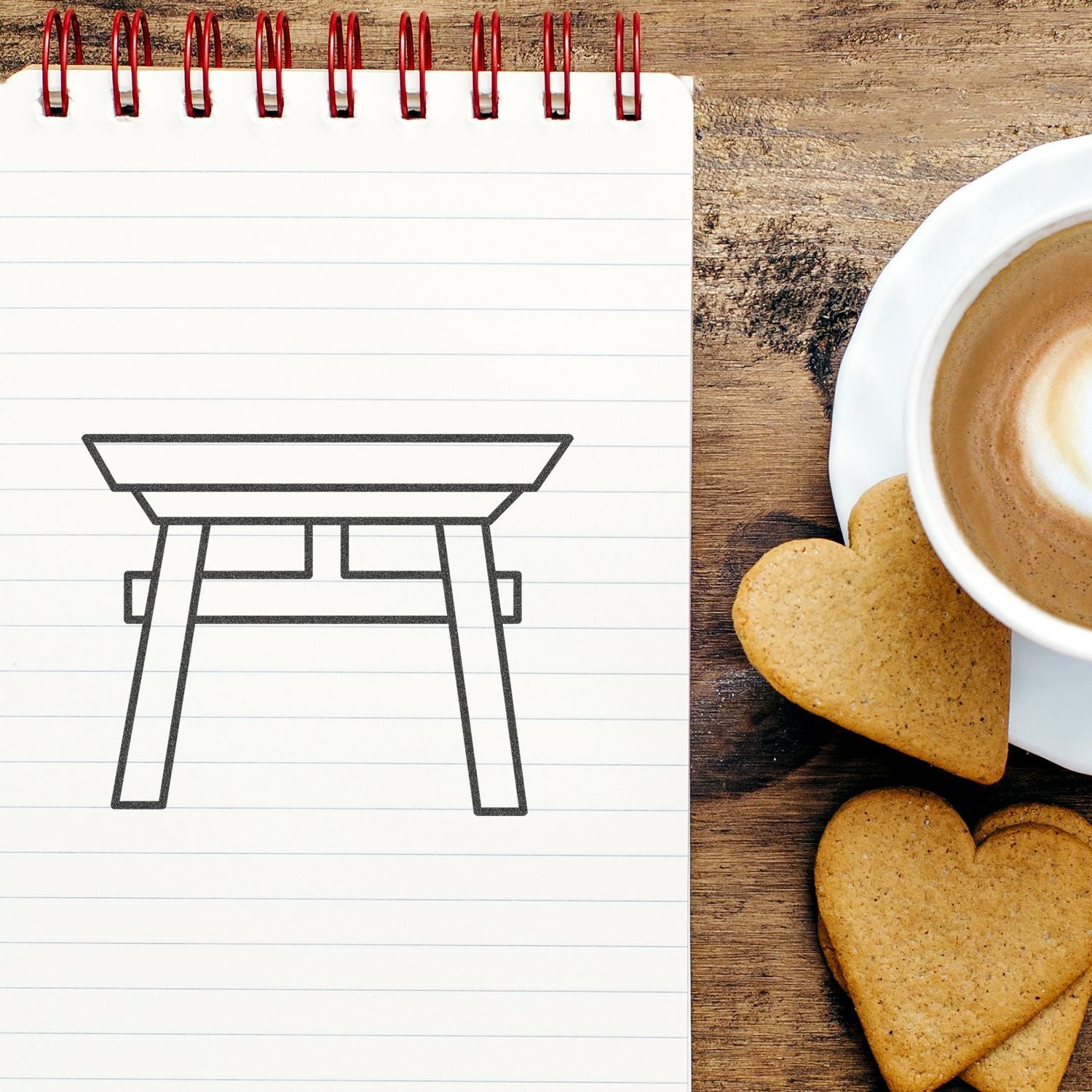 Blank notebook with table sketch beside coffee cup and heart-shaped cookies on a wooden desk.
