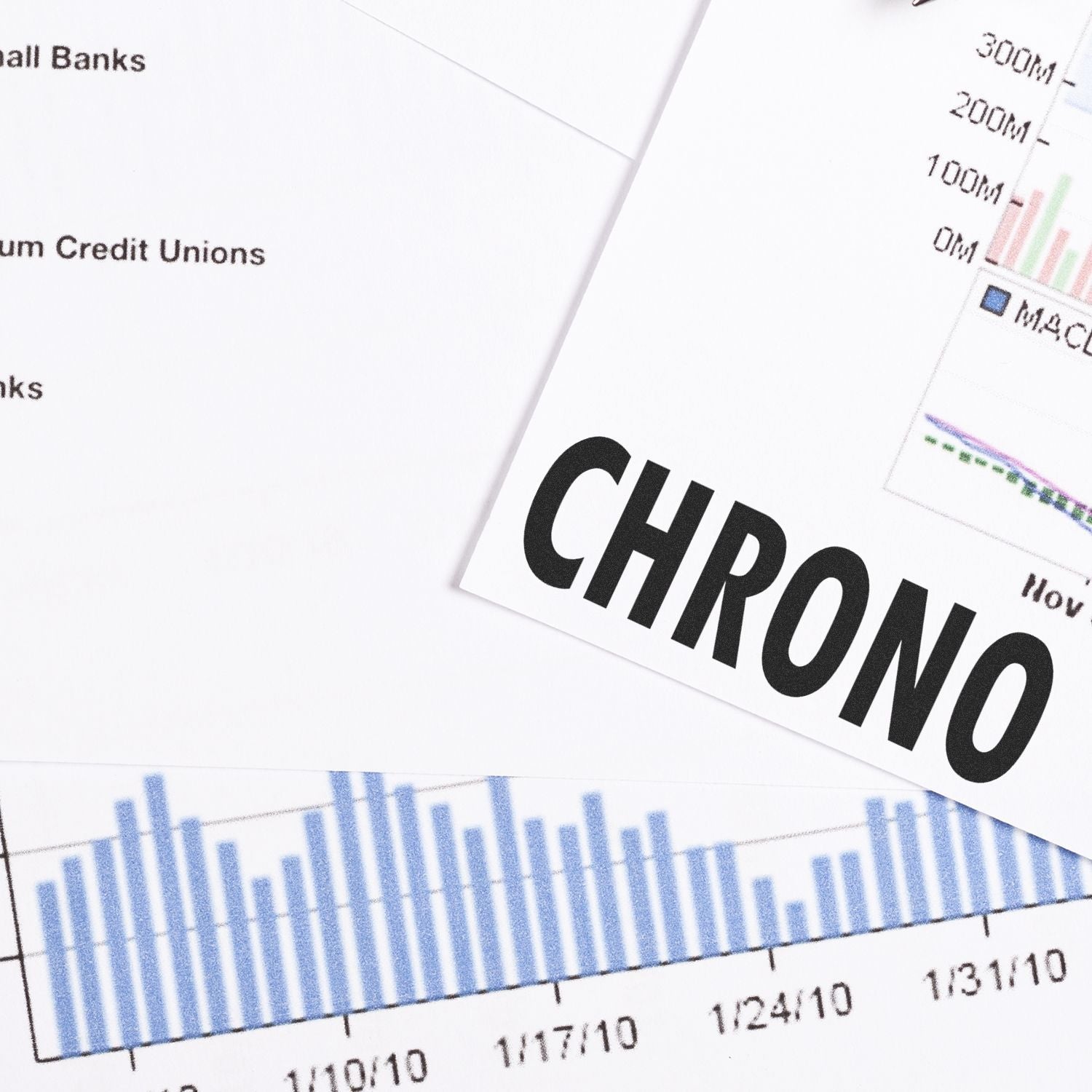 Financial analysis report with bar charts and the word CHRONO, showing business data and market trends.
