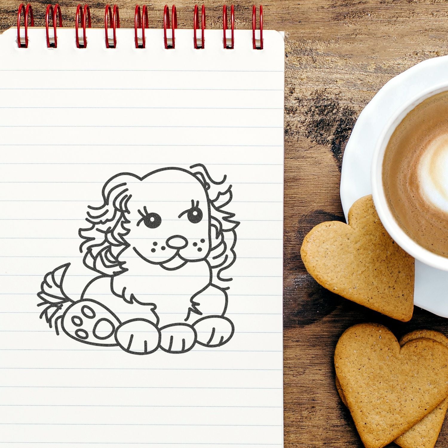 Cute puppy doodle in a spiral notebook beside a cup of coffee and heart-shaped cookies on a rustic wooden table.