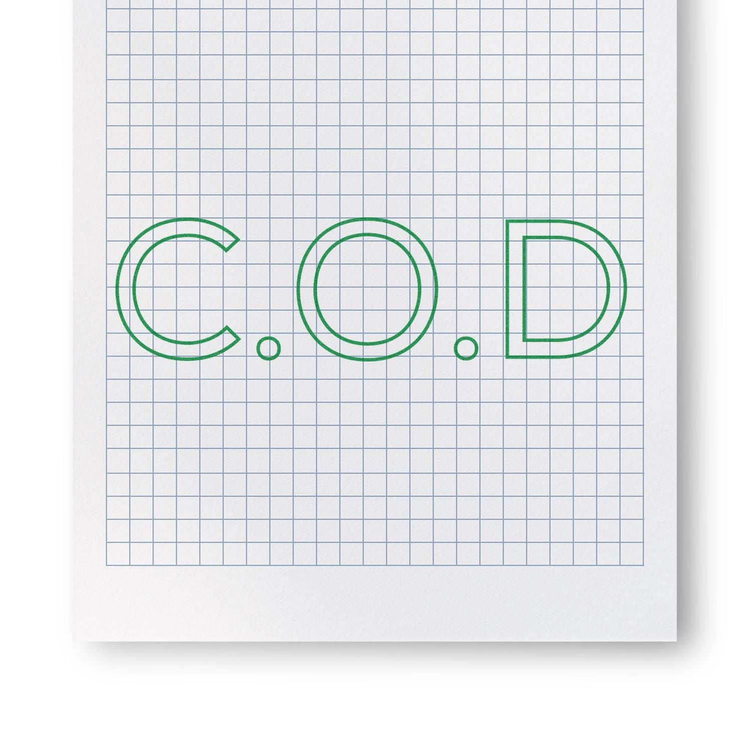 Green C.O.D. lettering on graph paper background, minimalist typography design on textured white paper.