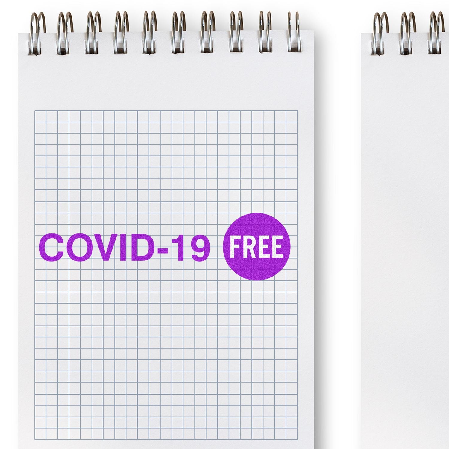 COVID-19 free themed notebook page with grid paper and purple COVID-19 FREE lettering for hygiene and safety awareness
