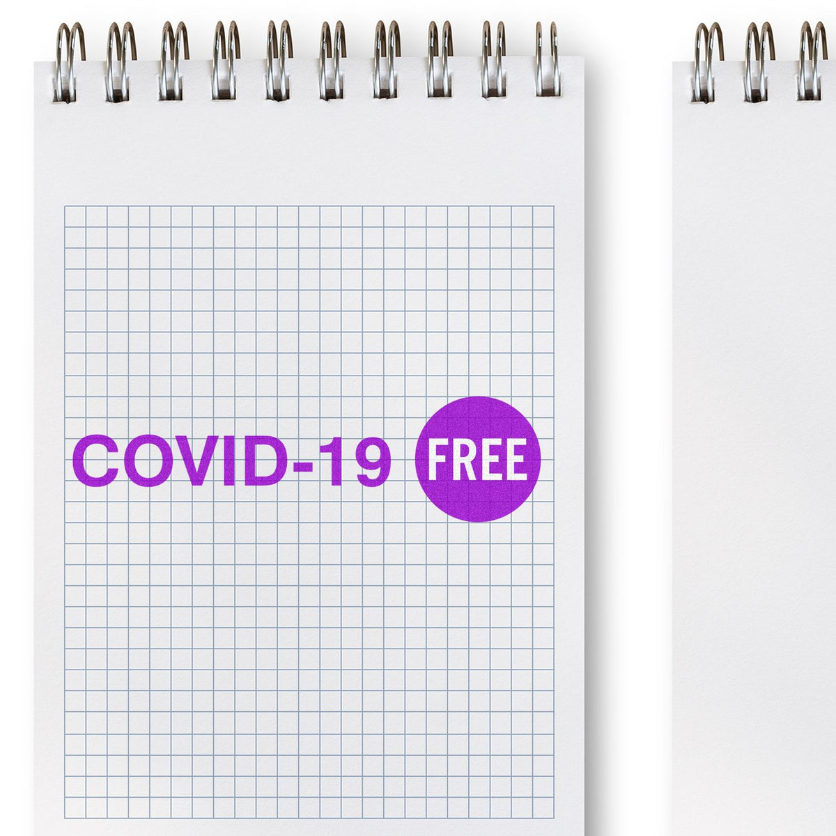 White notebook page with purple COVID-19 FREE stamp, promoting cleanliness and safety from COVID-19 contamination.