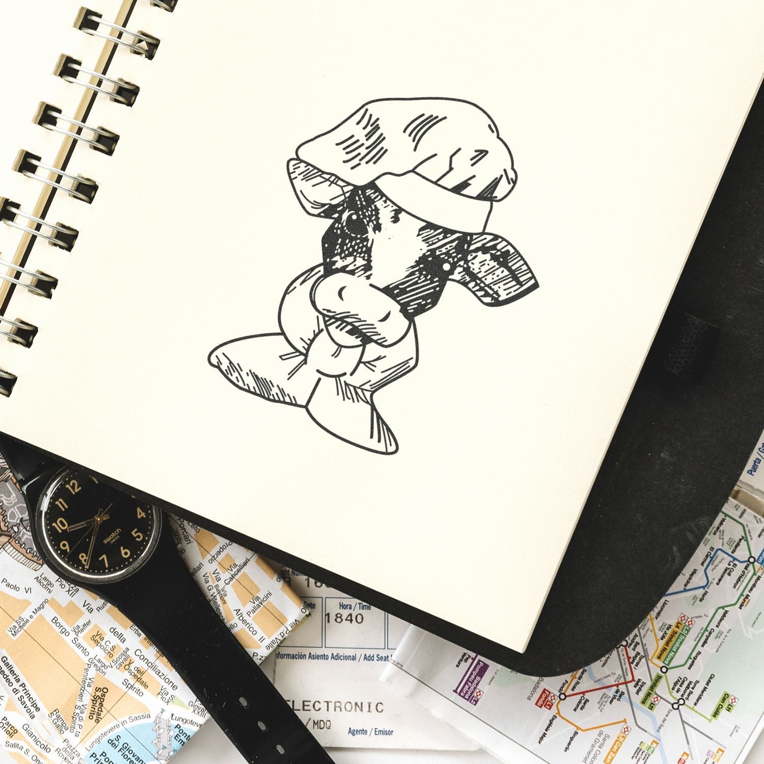 Black ink mushroom sketch in a spiral notebook with travel map and wristwatch background.