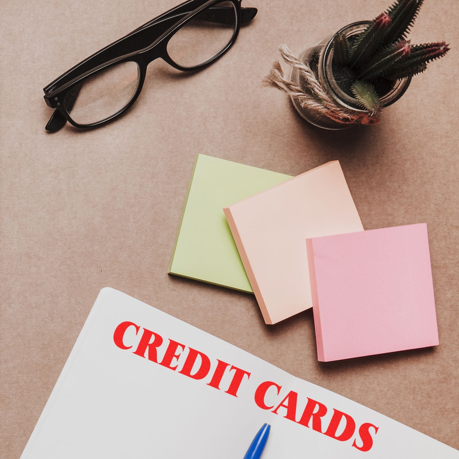 Flat lay of credit cards notebook, eyeglasses, sticky notes, and desk plant on a brown background for financial planning and office organization.