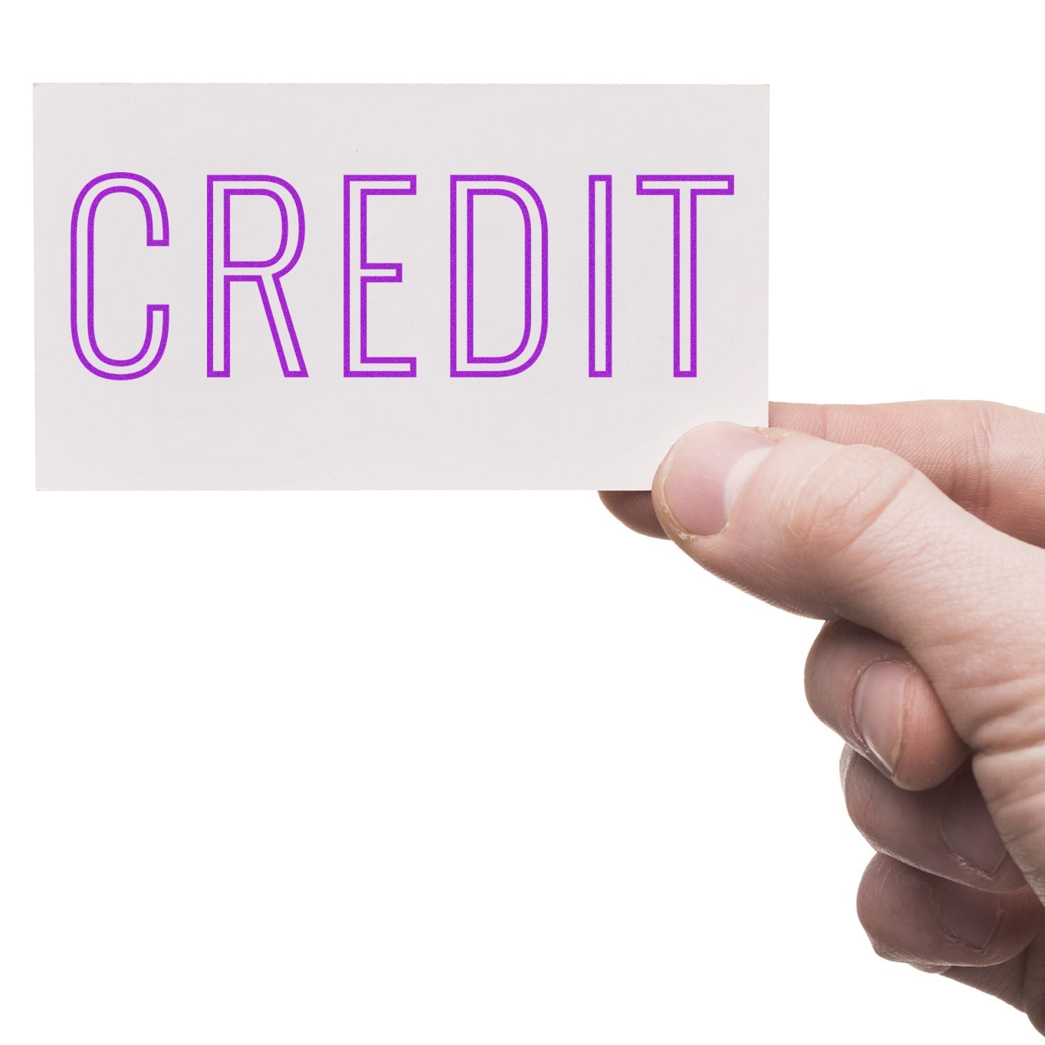 Hand holding a white card that reads CREDIT in purple, highlighting financial credit, lending, and credit score concepts.