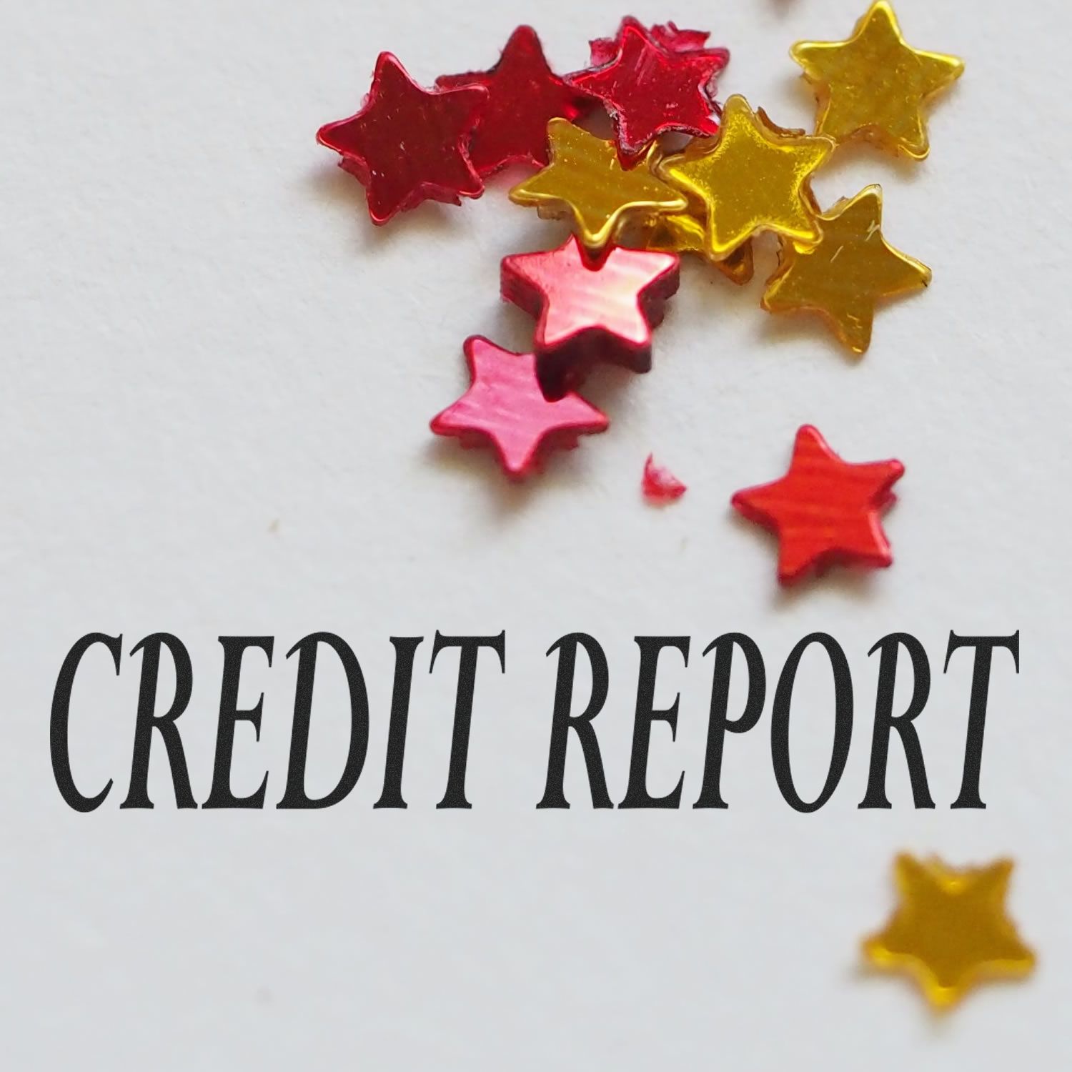 Colorful star icons above the text CREDIT REPORT, representing credit report repair and improved credit scoring.