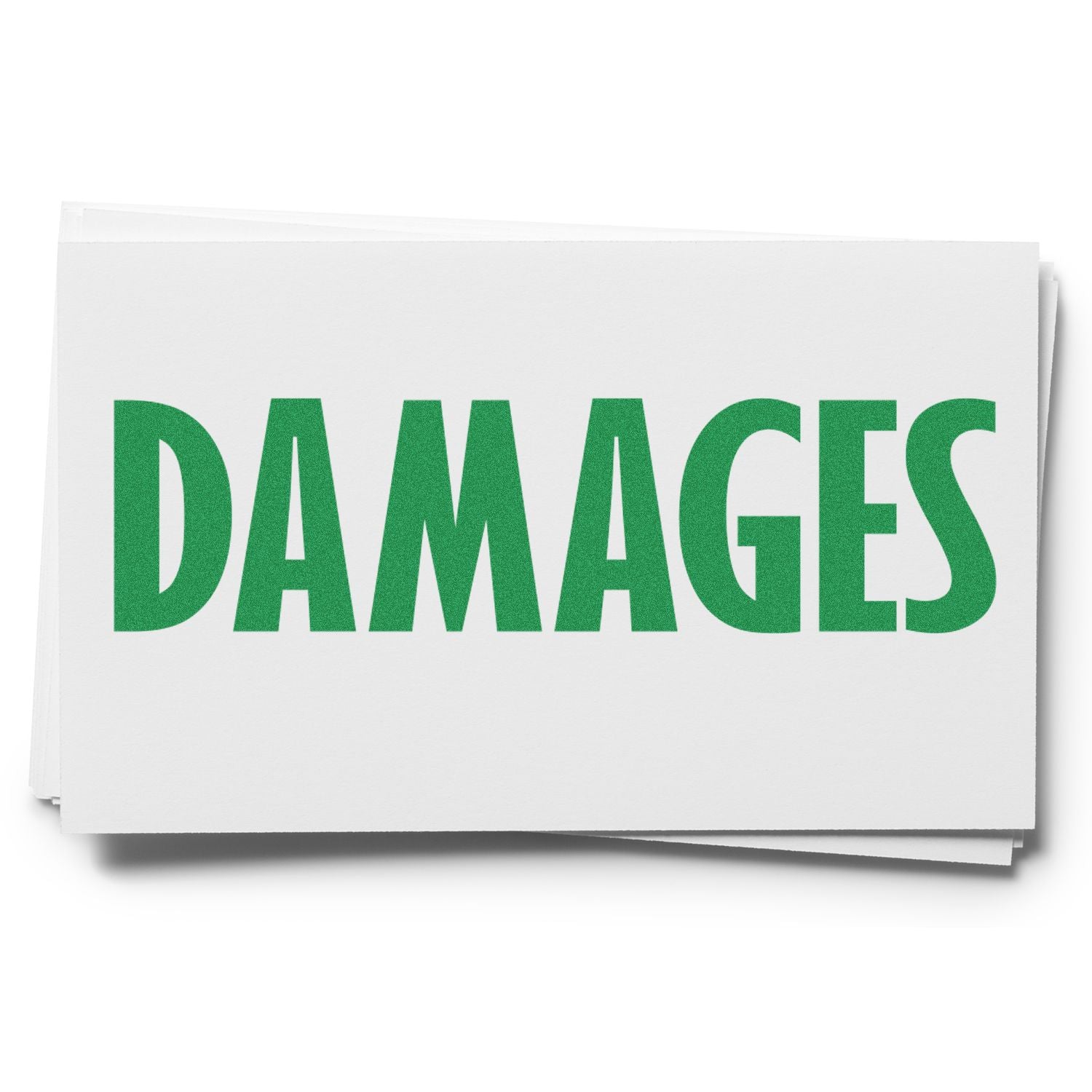 Stack of white cards with bold green text DAMAGES, used for legal branding or a document title.