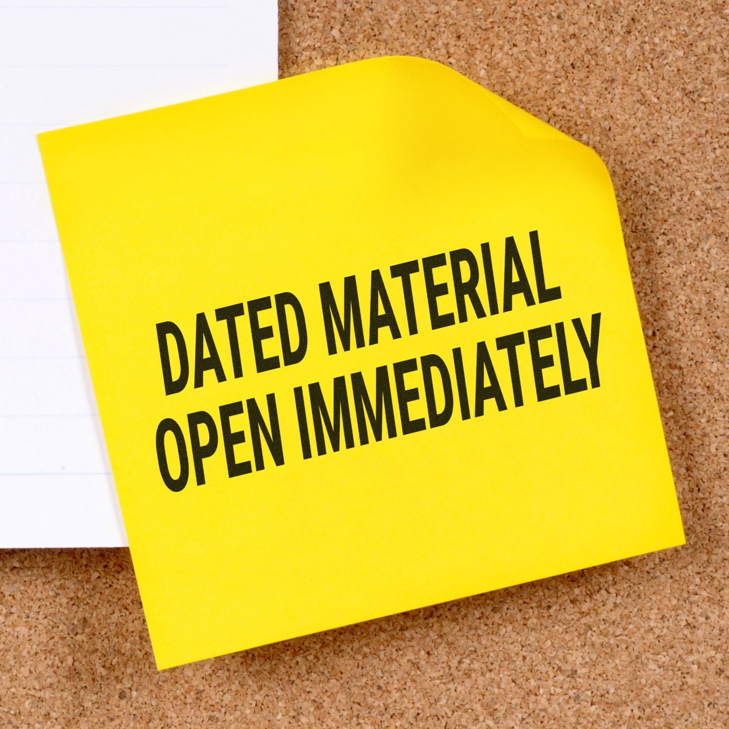 Yellow sticky note on cork board reading Dated Material Open Immediately, emphasizing urgent opening of time-sensitive mail for compliance.