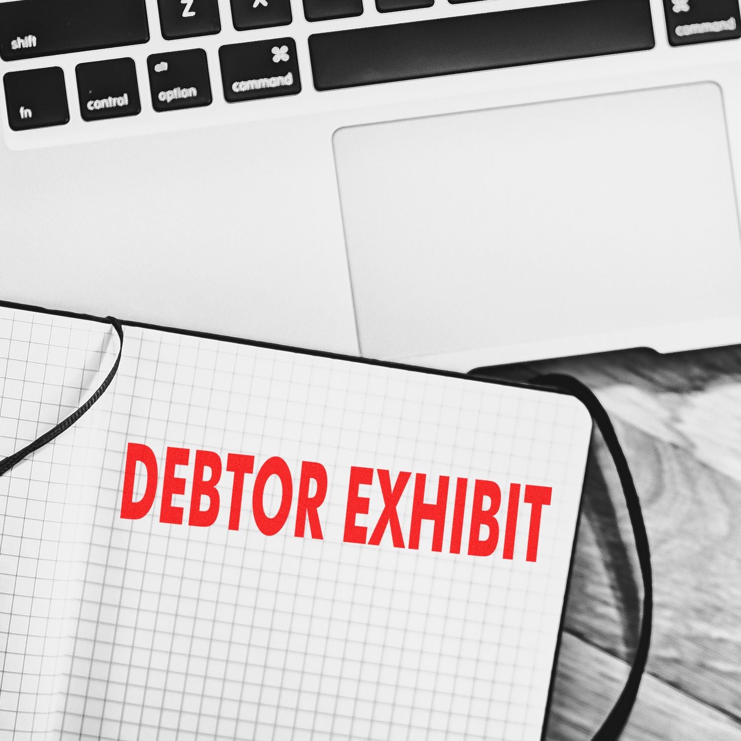 Close-up of debtor exhibit legal document on a notebook beside a laptop keyboard, concept of debt collection and bankruptcy paperwork.