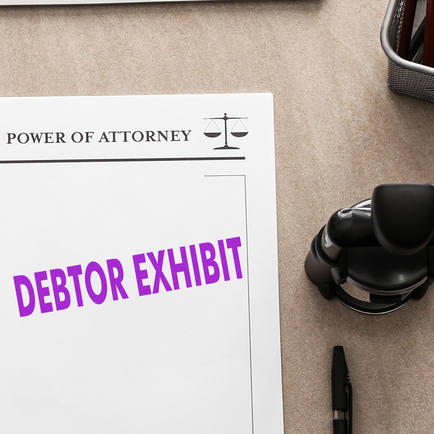 Power of attorney document with debtor exhibit stamp on a desk, legal paperwork for debt or estate matters.