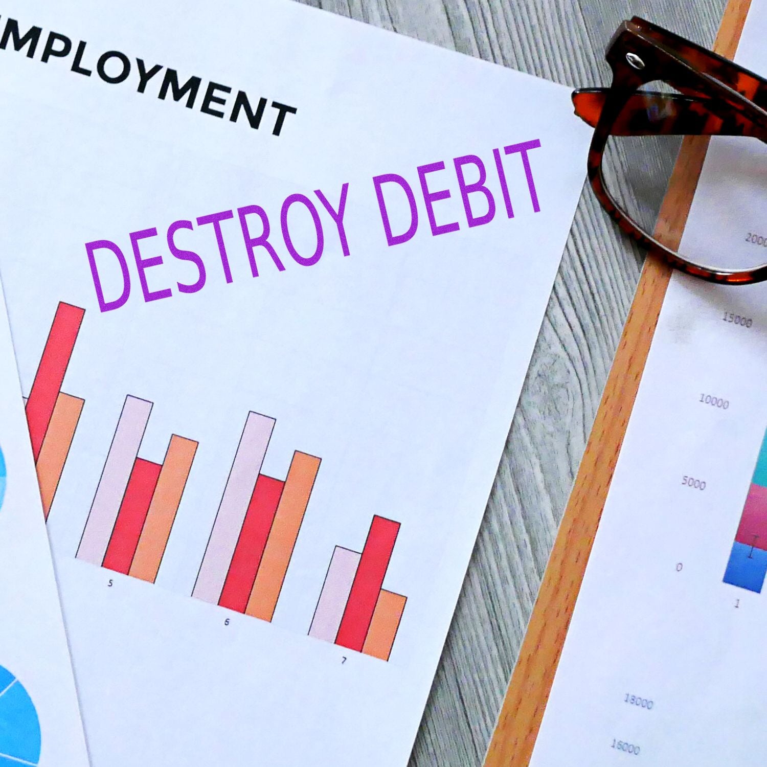 Business report page reading Employment Destroy Debit with bar charts and magnifying glass, highlighting financial risk and jobs.