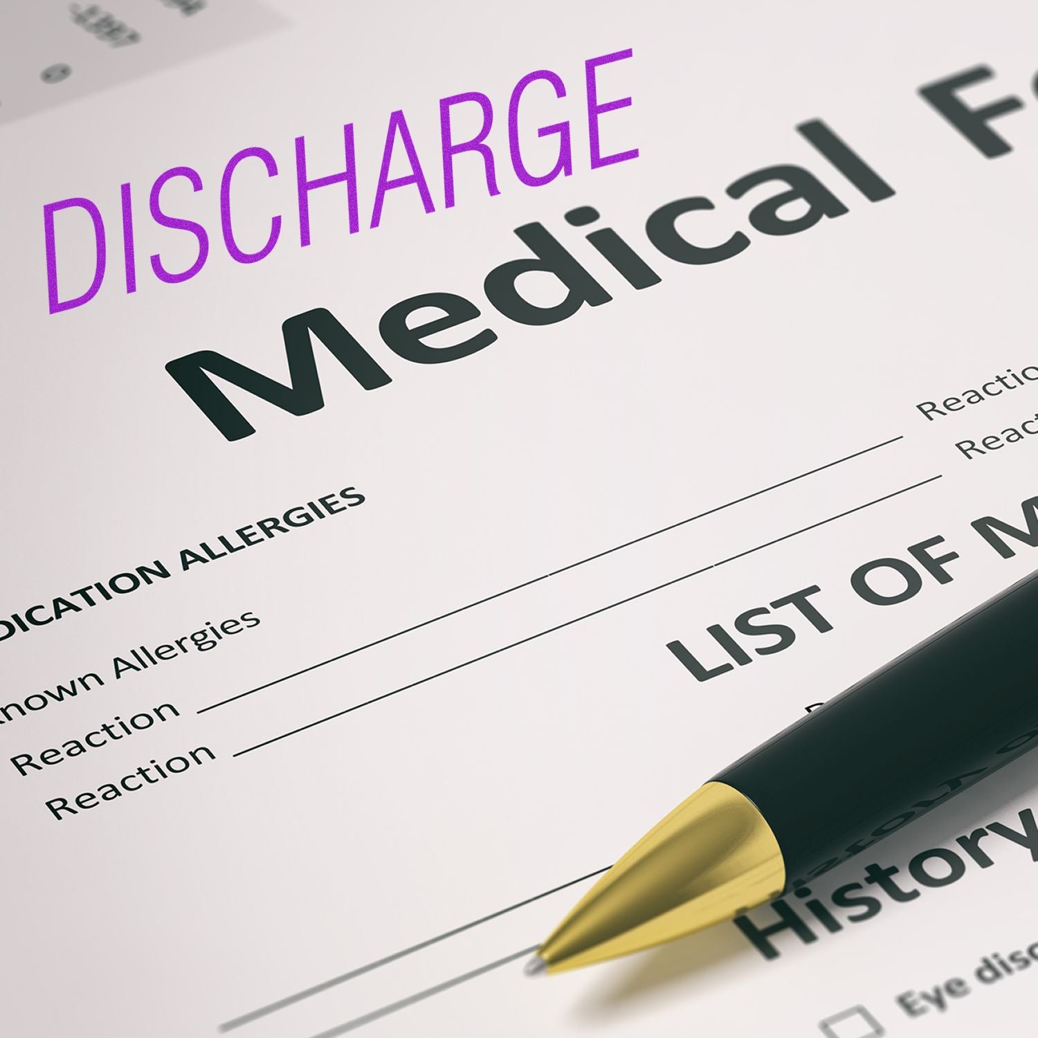 Close-up of a medical discharge form with a pen, showing patient history, allergies, and reaction fields for hospital paperwork.