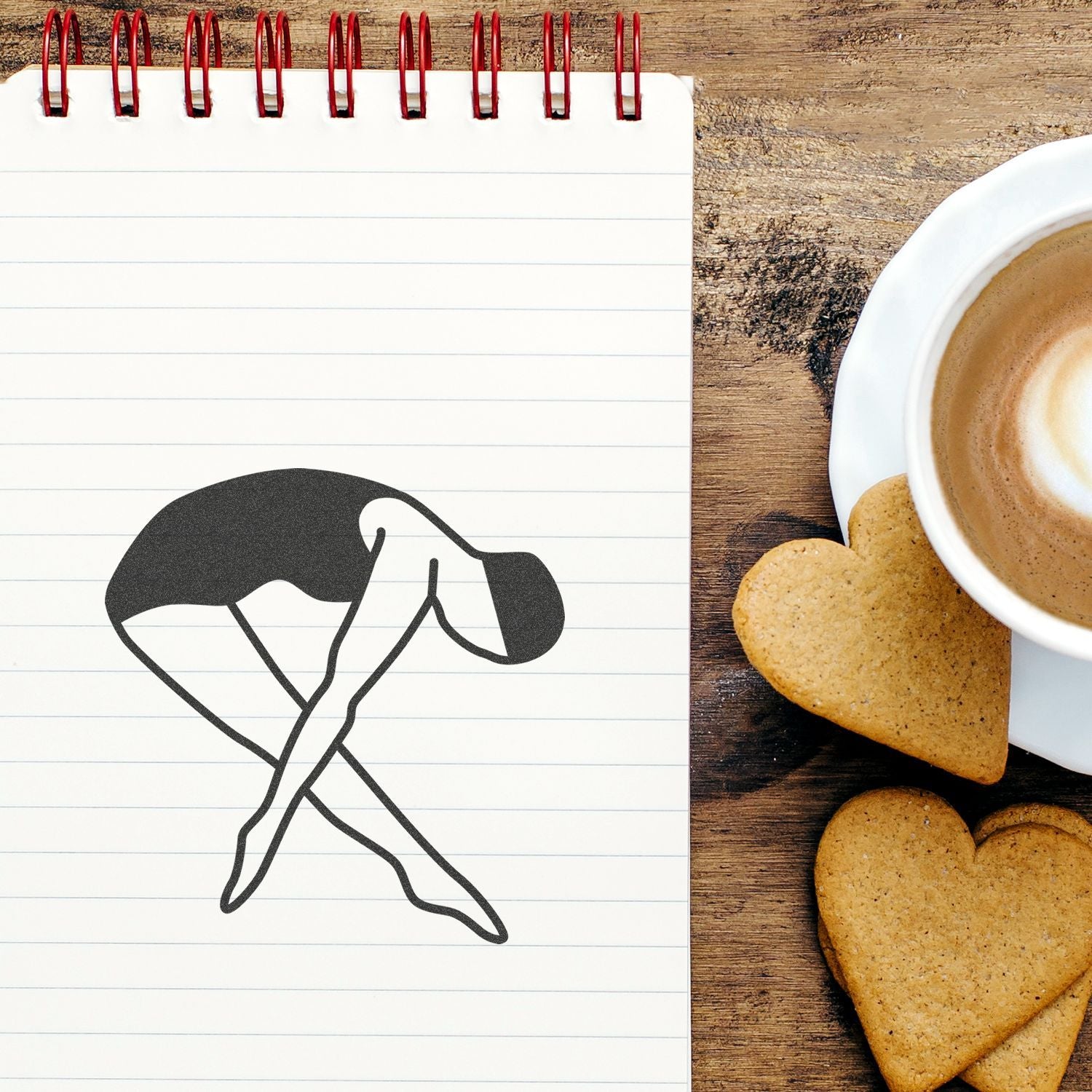 Spiral notebook with ballet dancer logo beside a coffee cup and heart-shaped cookies on a rustic wooden table.