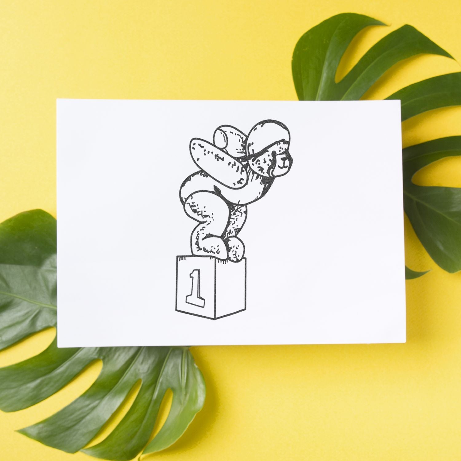 Minimalist dog number one illustration on a white card with tropical green leaves on a yellow background