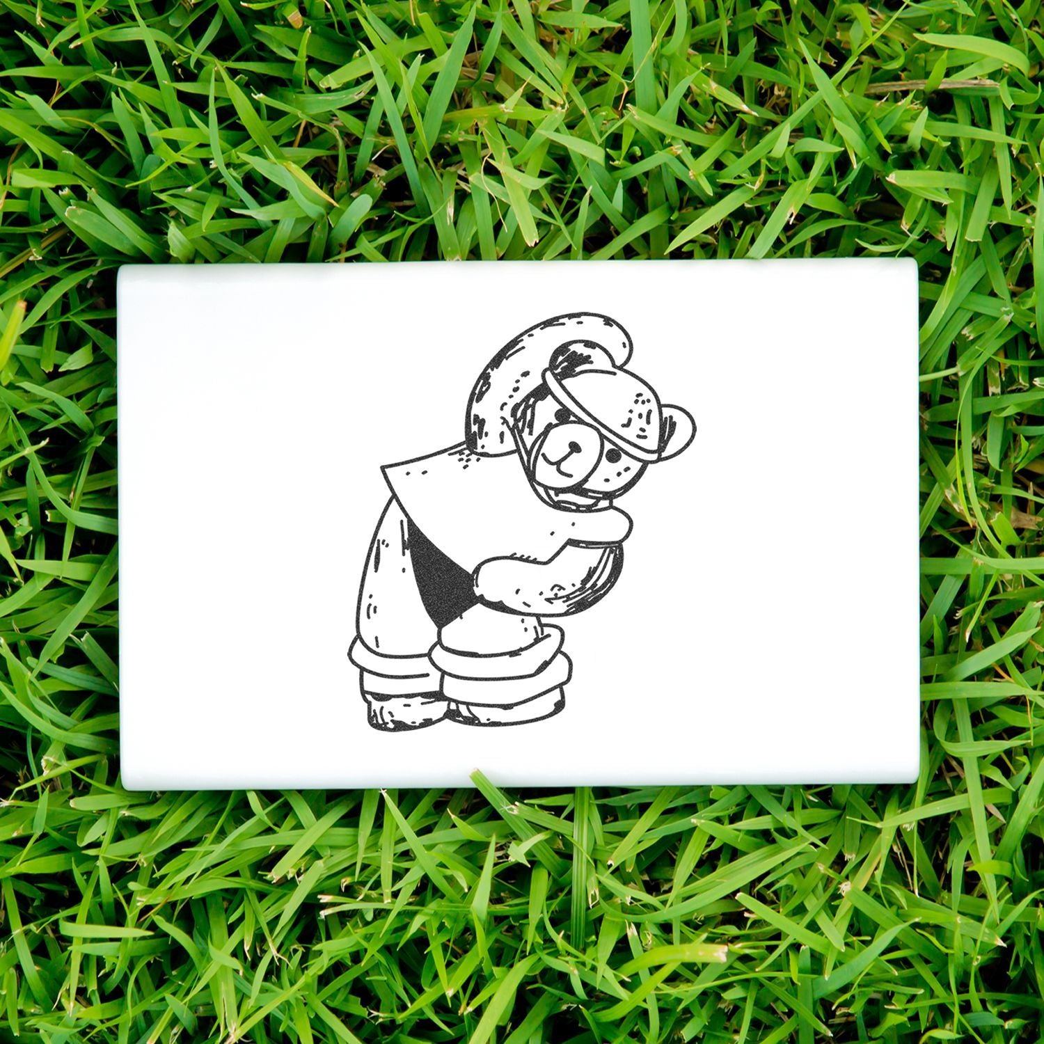 Cute teddy bear illustration on a white card lying on green grass.