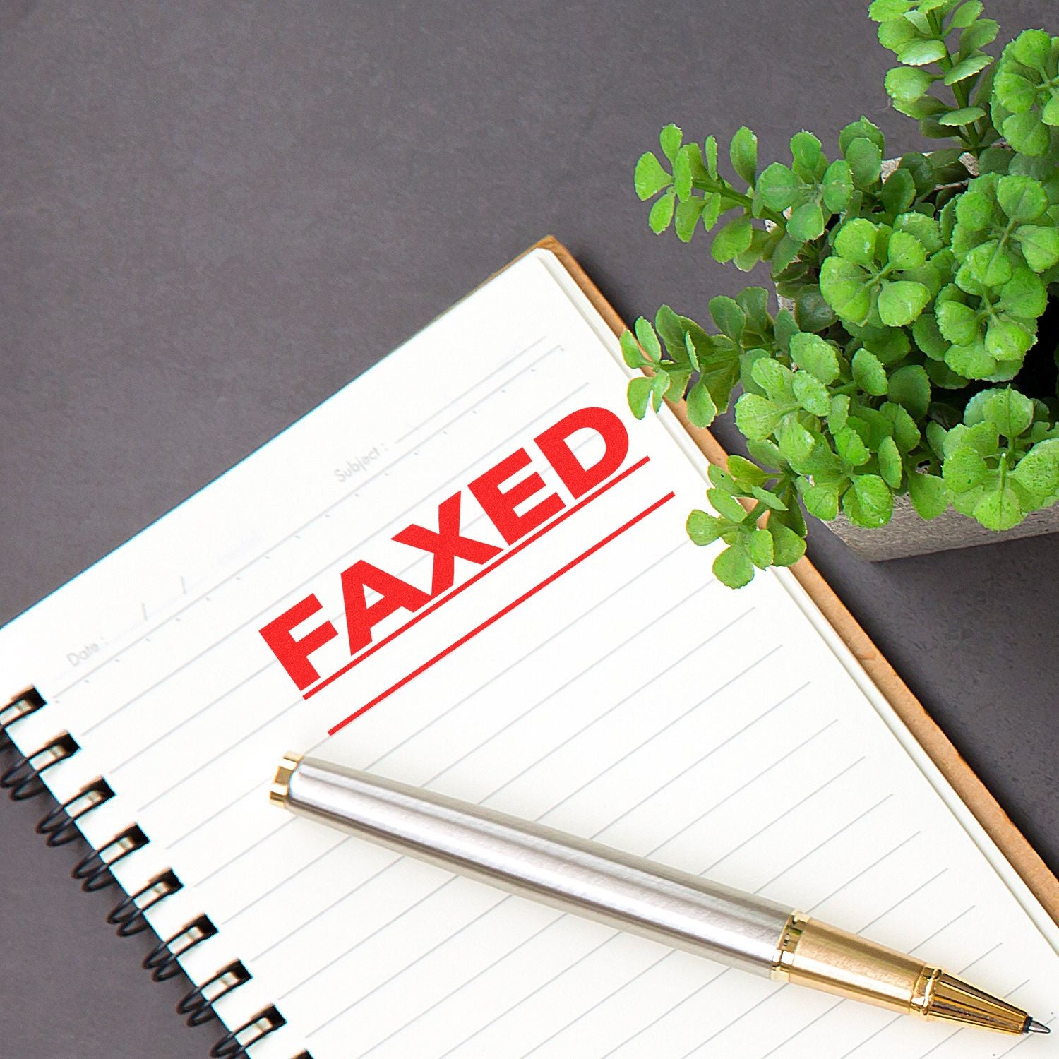 Faxed stamped notebook with pen and green potted plant on a desk.