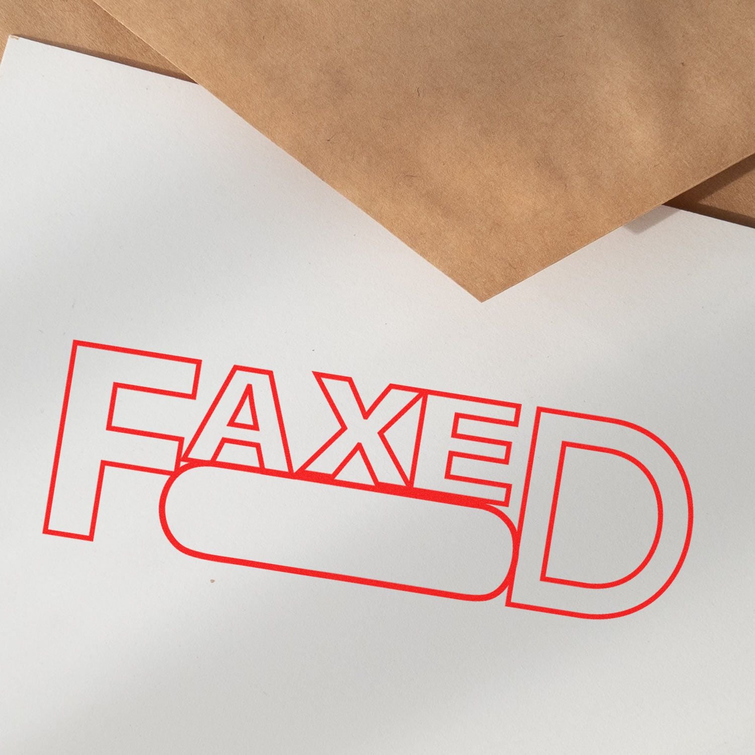 FAX communication branding on white paper, red outlined letters over a kraft envelopeillustrates fax sending and receiving.