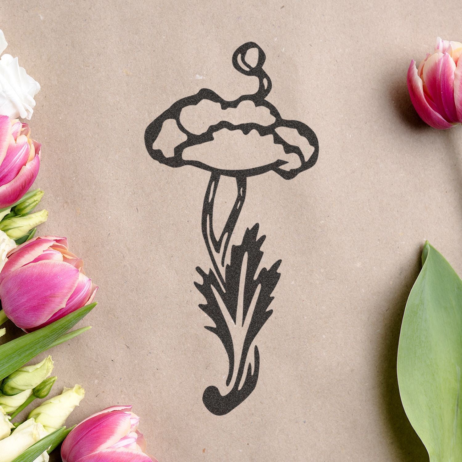 Elegant black floral illustration on kraft paper, framed by pink tulips and green leaves.