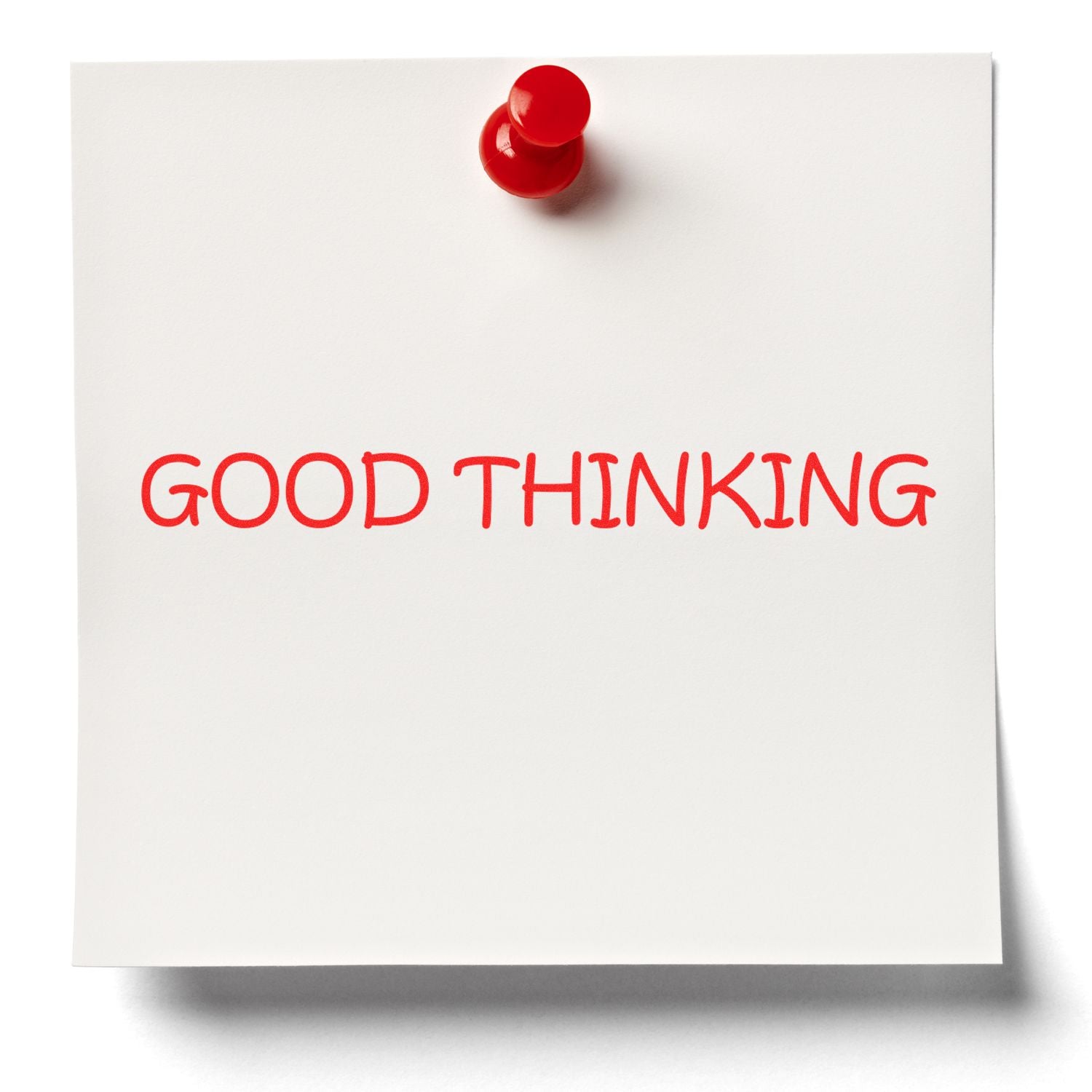 White note pinned with red pushpin and GOOD THINKING handwritten in red text on a clean background.