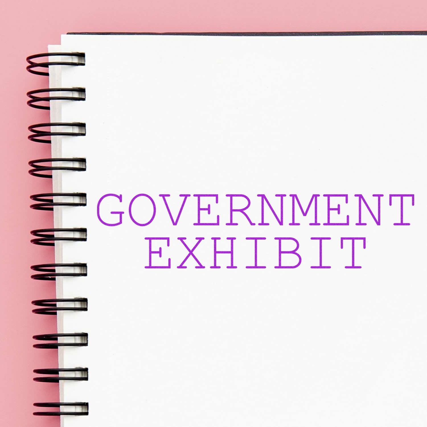 Spiral notebook cover with Government Exhibit text on a pink background.