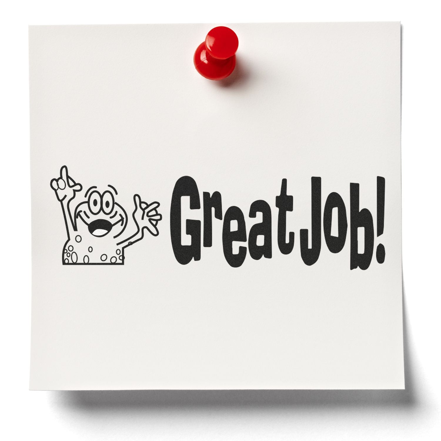 White sticky note with red pushpin and bold Great Job! text, featuring a cheerful cartoon character illustration.