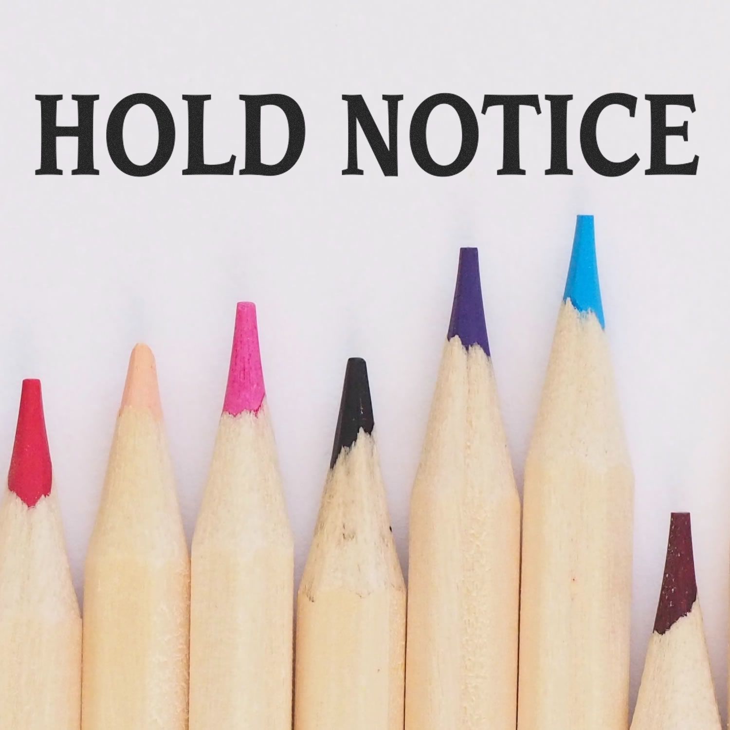 Hold notice text above colorful sharpened pencil tips on a white background, office and stationery concept.