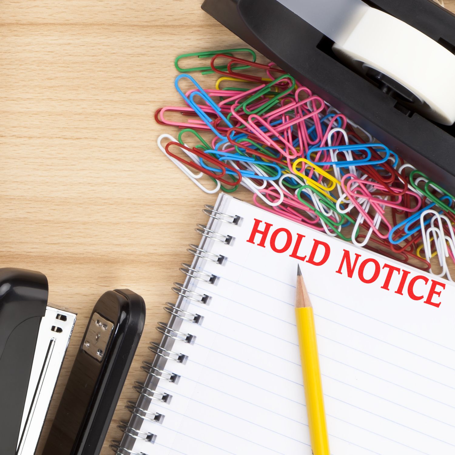 Multicolored paper clips scattered beside a notebook labeled HOLD NOTICE on a wooden desk, highlighting office documentation.