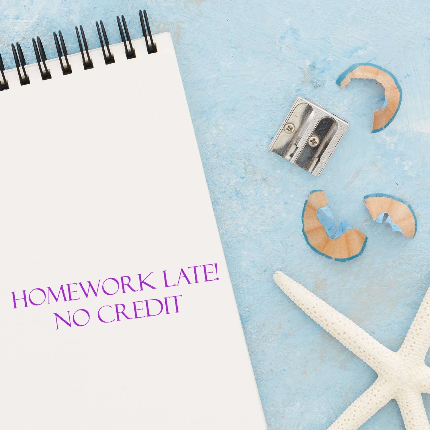 Homework late, no credit poster with pencil and starfish on blue background, back-to-school classroom motivation for students note