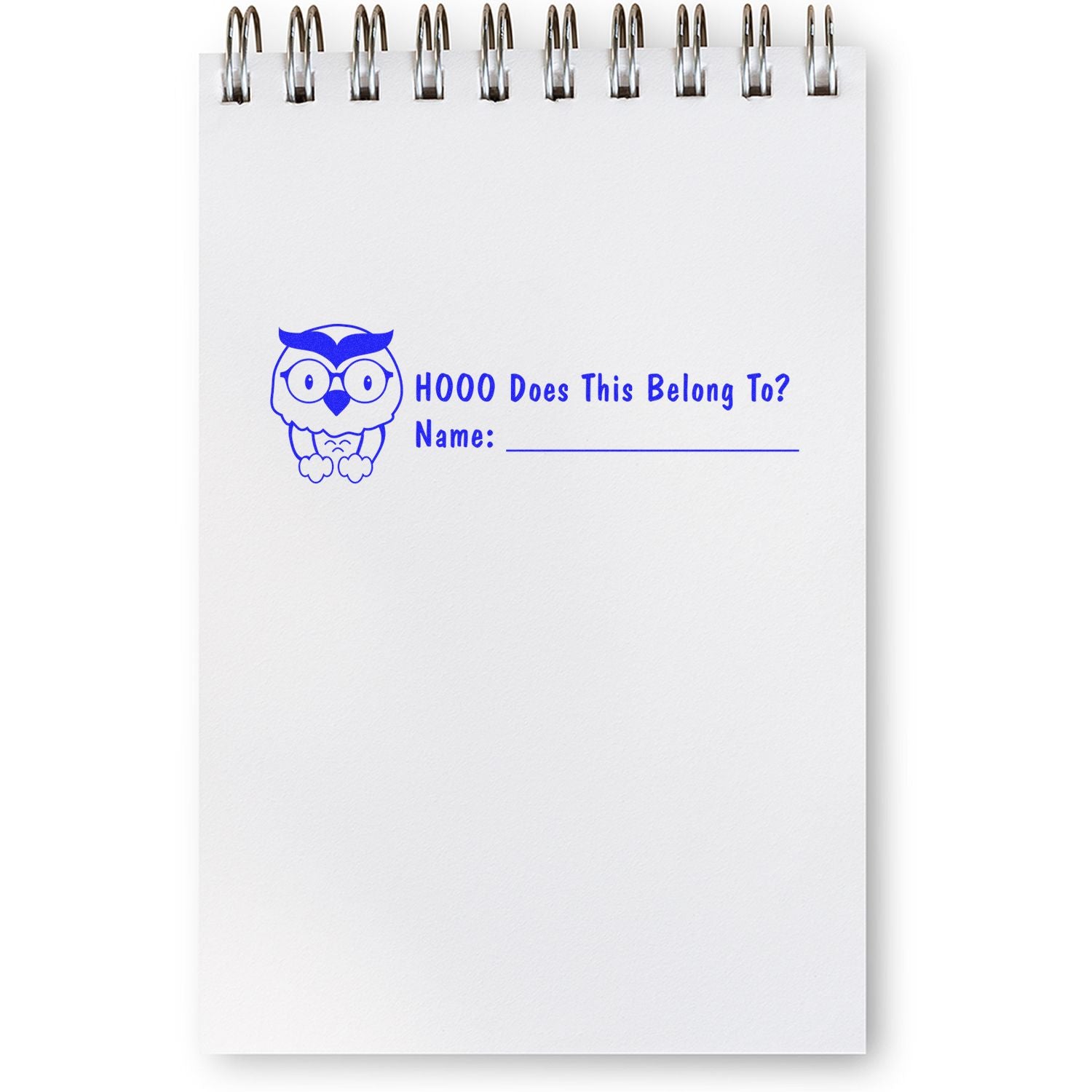 Spiral notebook with cute owl HOOO Does This Belong To? name label design on white paper cover