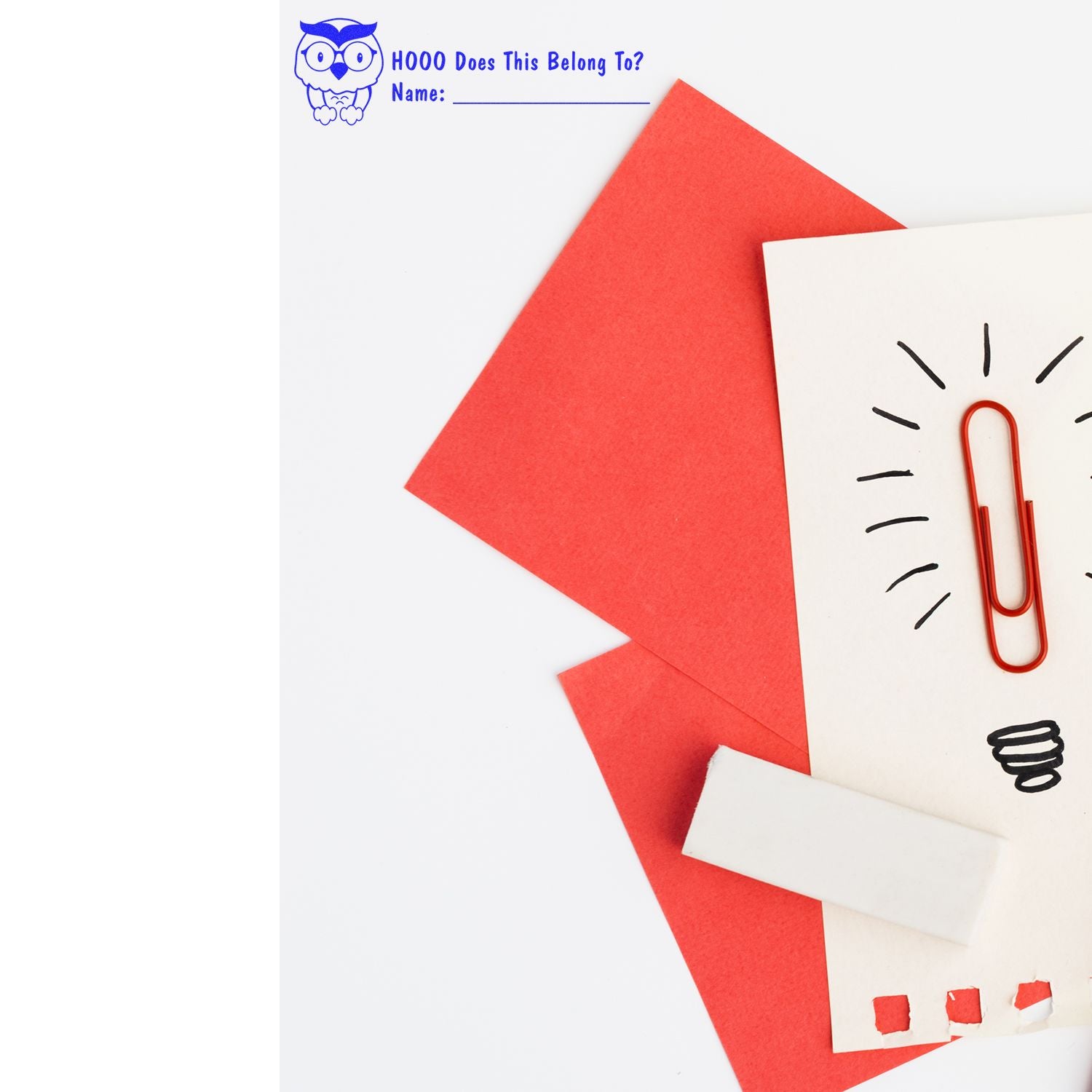 Back-to-school worksheet for kids: red papers and paper clip beside owl prompt, HOOO Does This Belong To? name line
