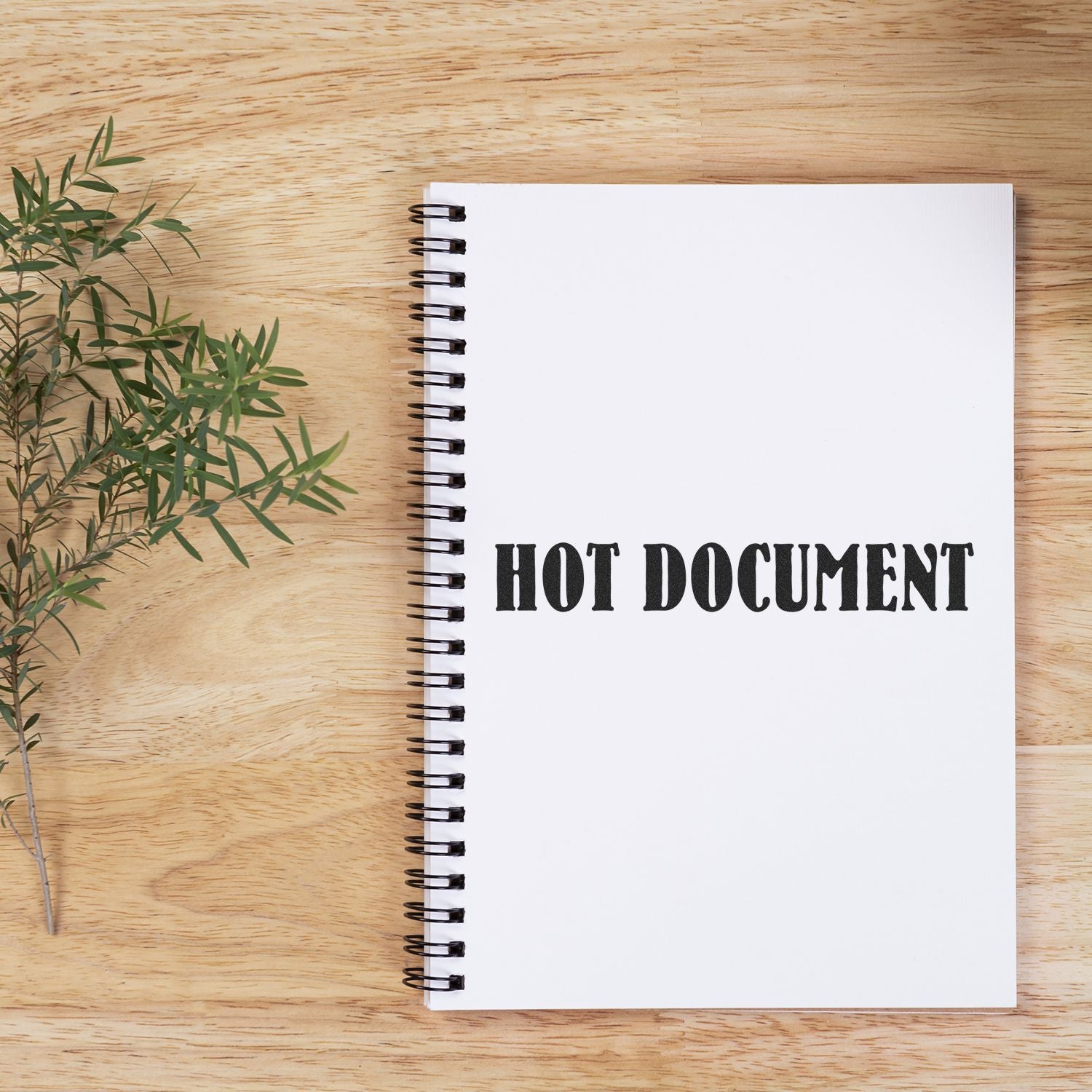 Hot document mockup: blank spiral notebook on wooden desk with plant, showcasing document organization and note-taking for work.