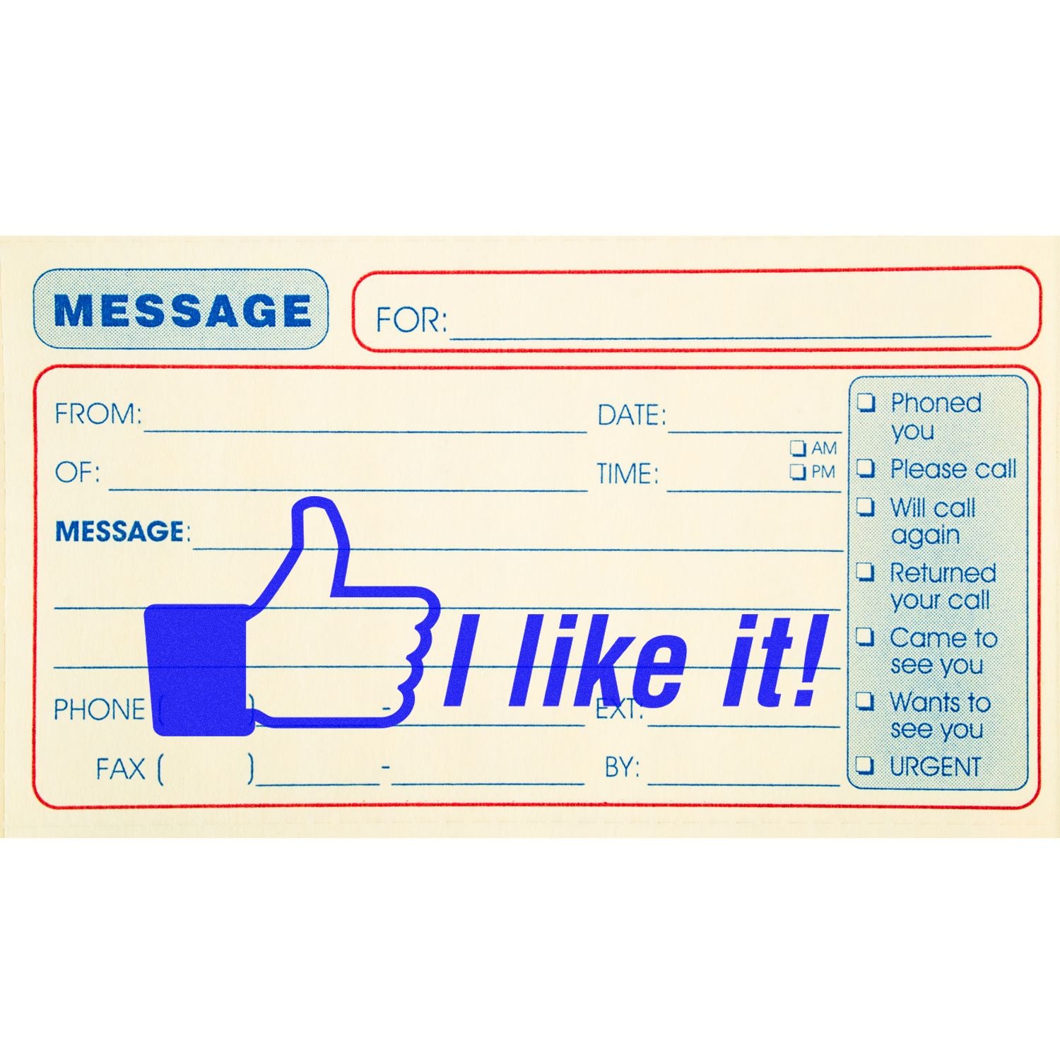 Voicemail message form with checkboxes for call-back options and a thumbs-up 31 like it reminder.