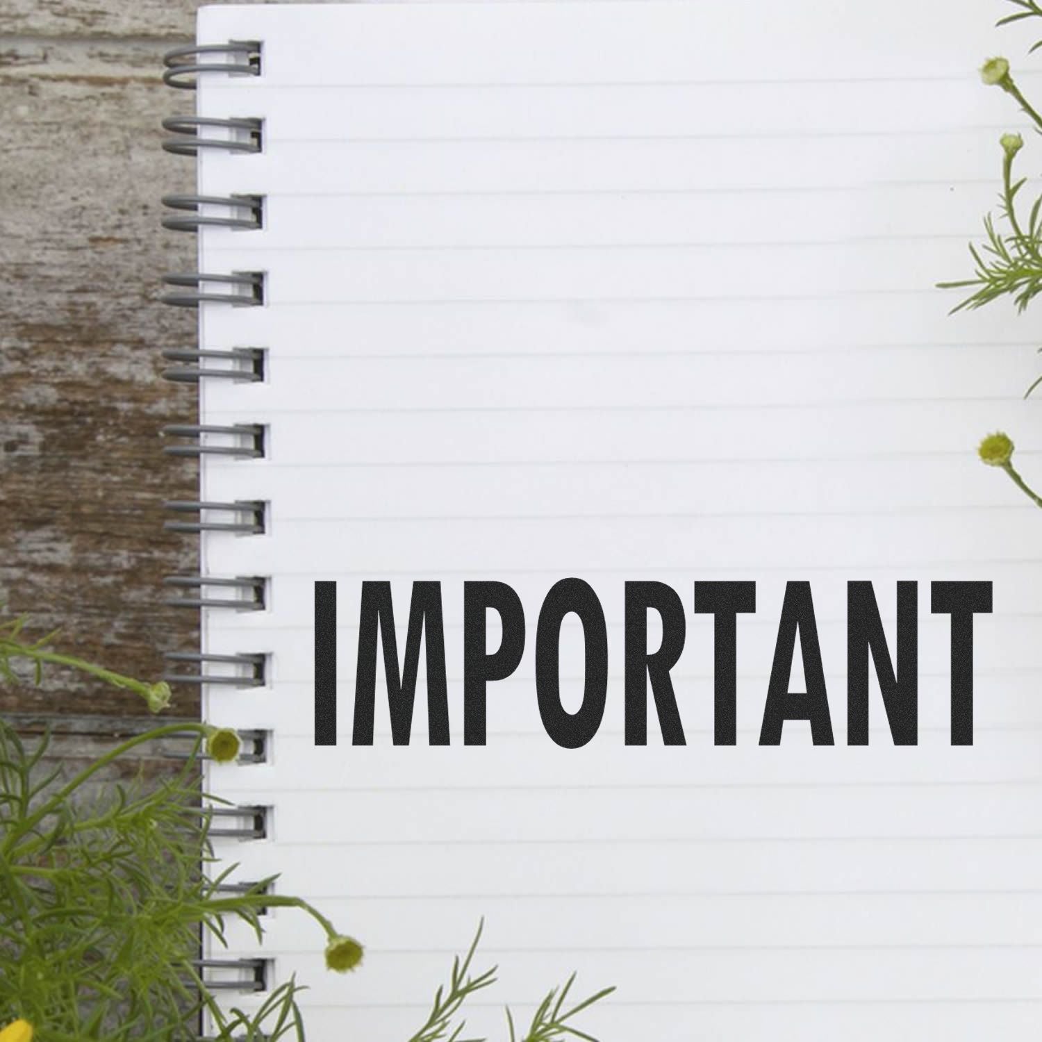 Blank spiral notebook page with bold IMPORTANT text on a rustic wooden background and green flowers.