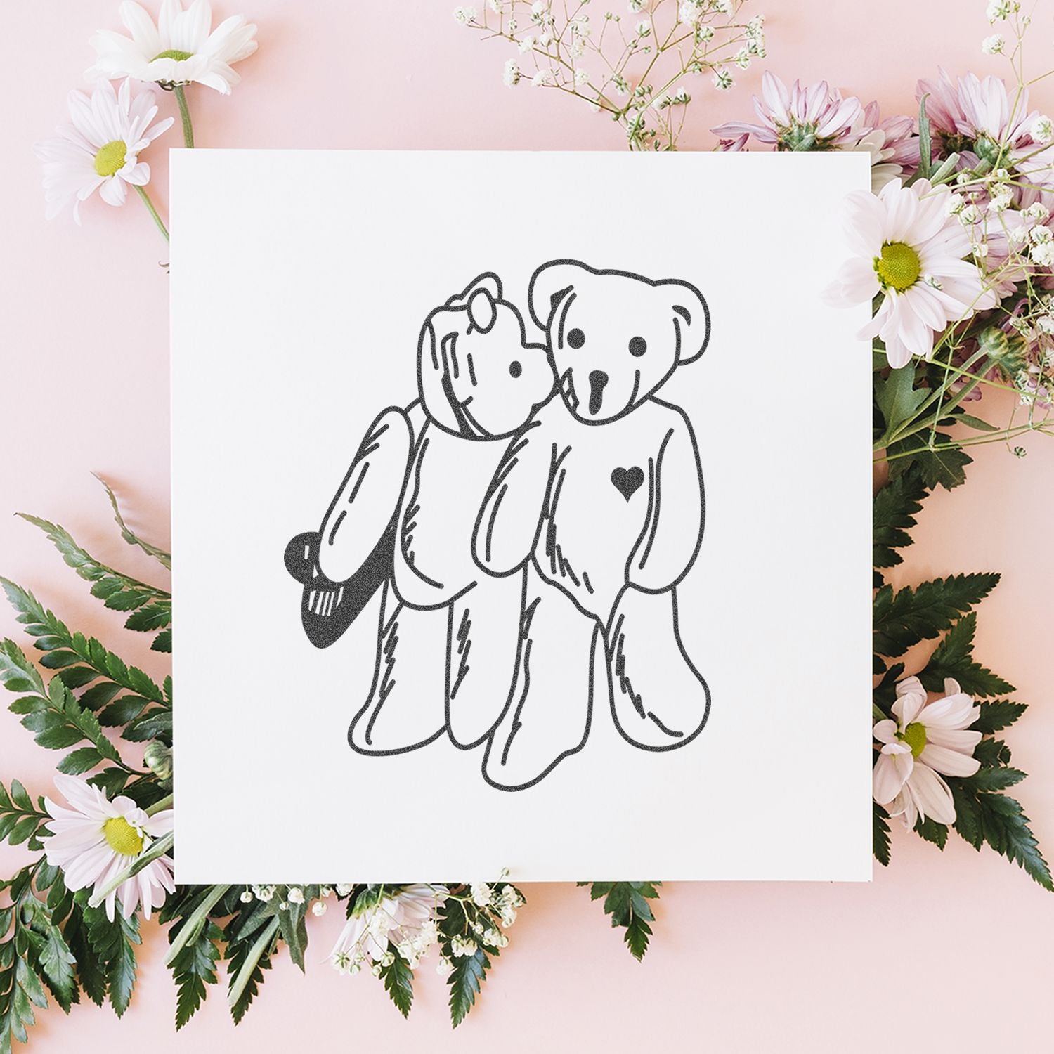 Cute teddy bear line art print on pastel pink background with daisy flowers, minimalist nursery wall art decor.