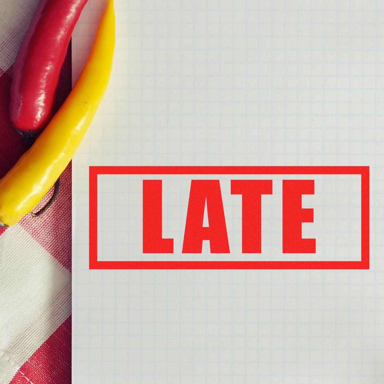 Red LATE stamp on notebook paper with colorful pencils, school assignment deadline concept
