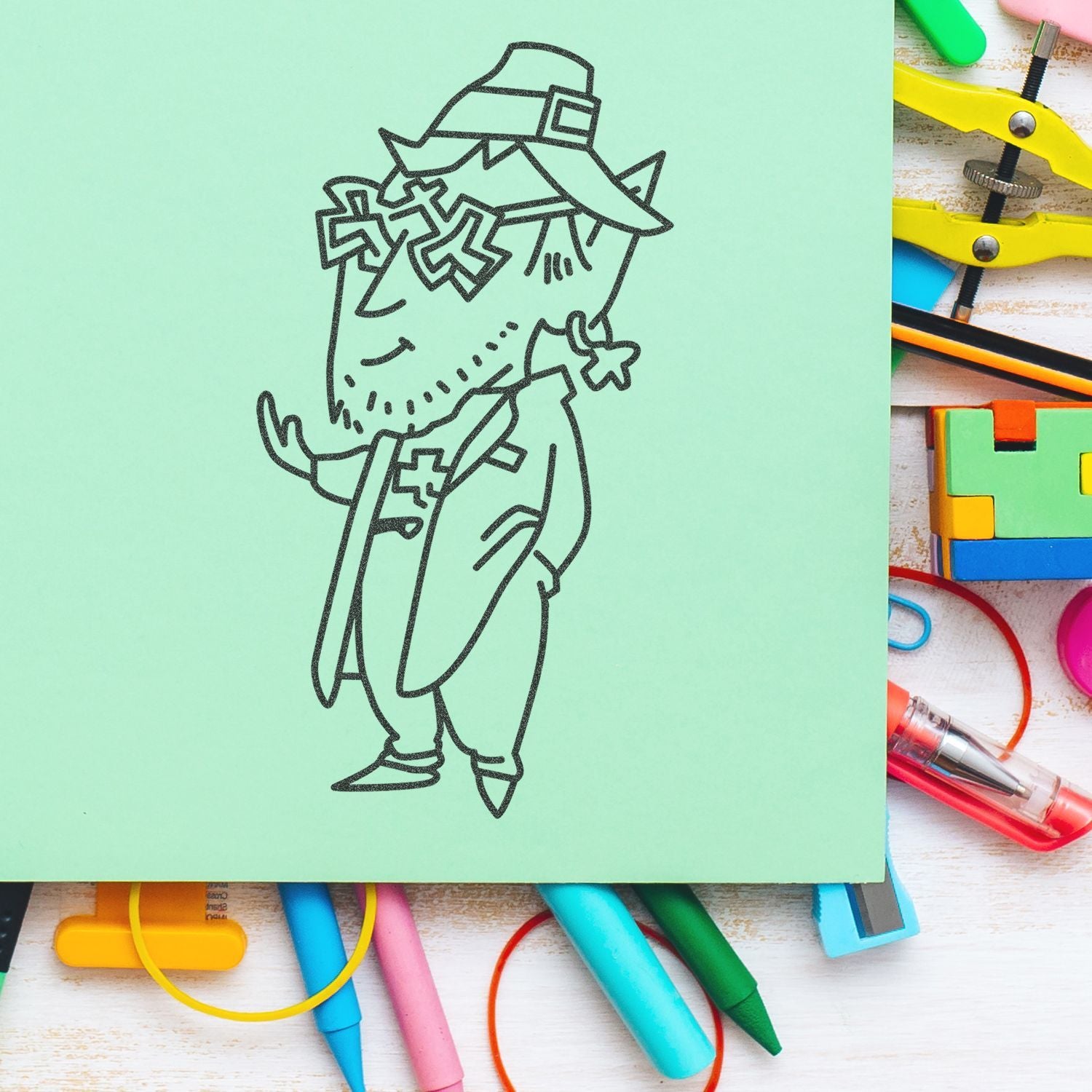 Scarecrow doodle on mint green paper surrounded by colorful school supplies and craft materials.