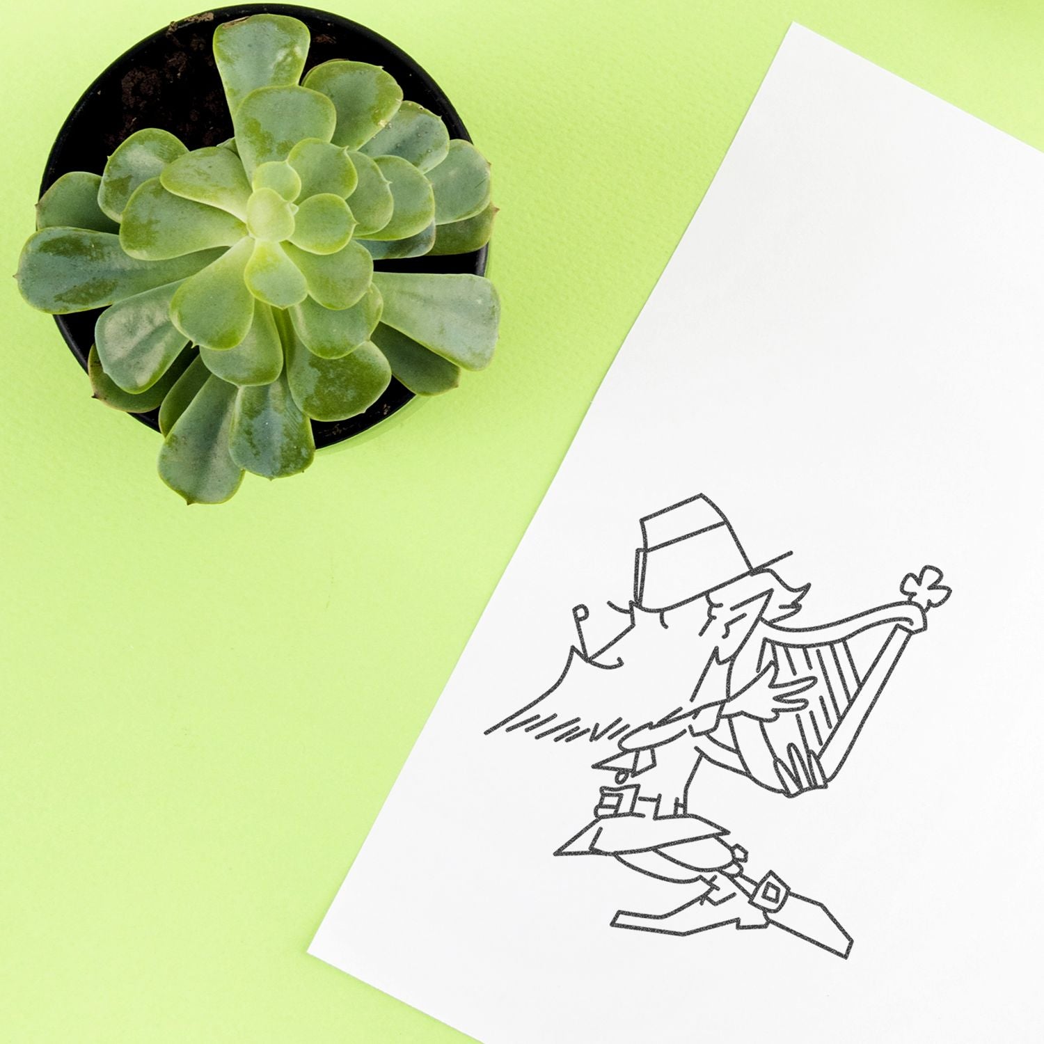 Top view of a green succulent plant beside a minimalist black-and-white sketch on white paper over a lime green background.